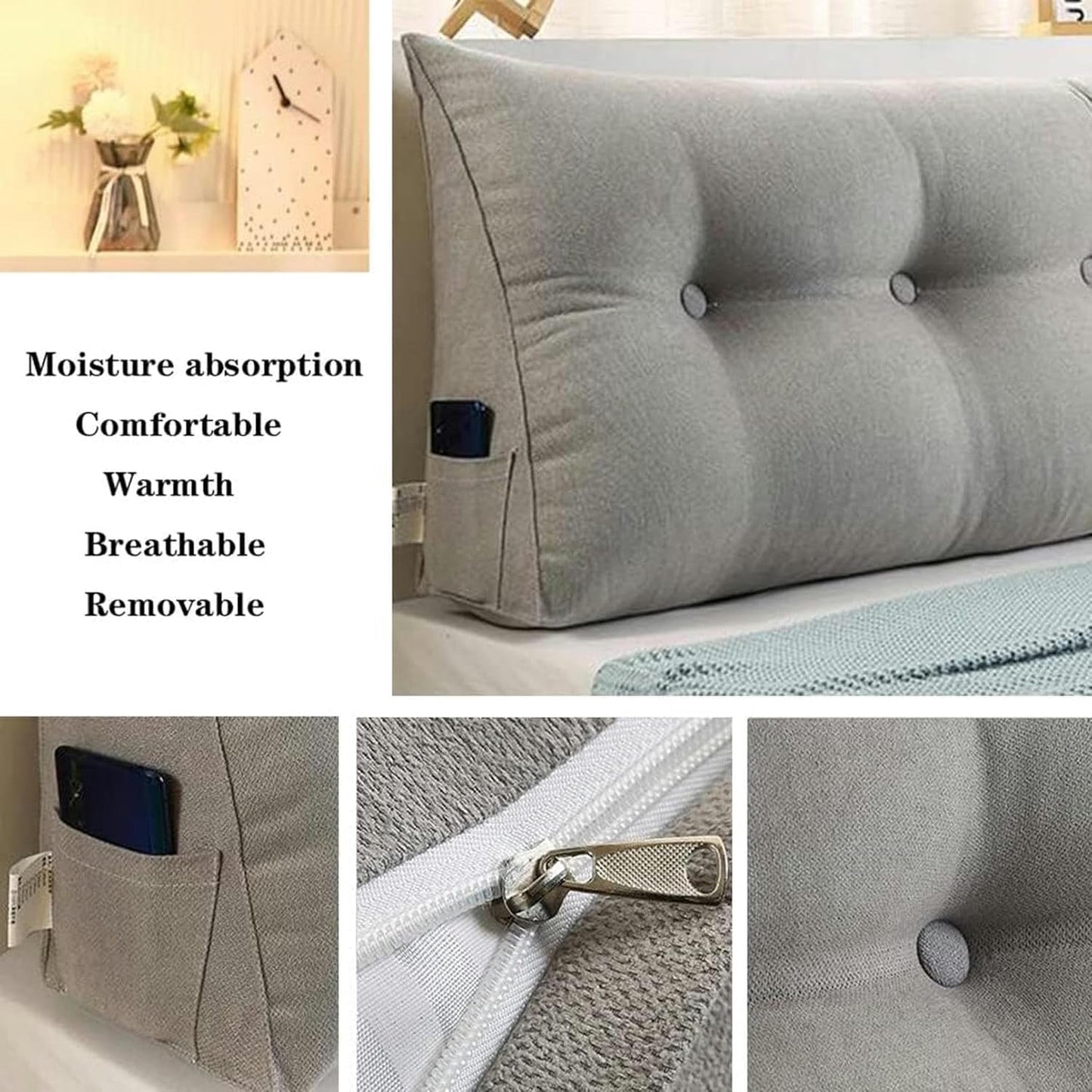 Large Triangular Headboard Long Pillow Solid Color Back Cushion Television Pillow Reading Bolster Wedge Pillow for Sofa Bed Backrest Washable Support Cushion