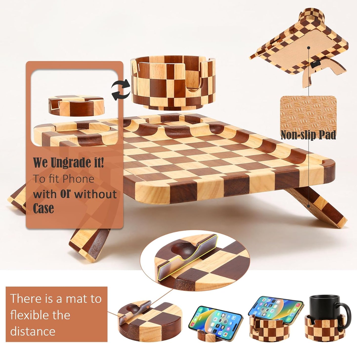 Nnewvante Couch Armrest Tray,3 in 1 Large 15.36"x9.85" Rubberwood Sofa Arm Cup Holder Clip on Side Table with 360°Rotated Phone/Drink Holder