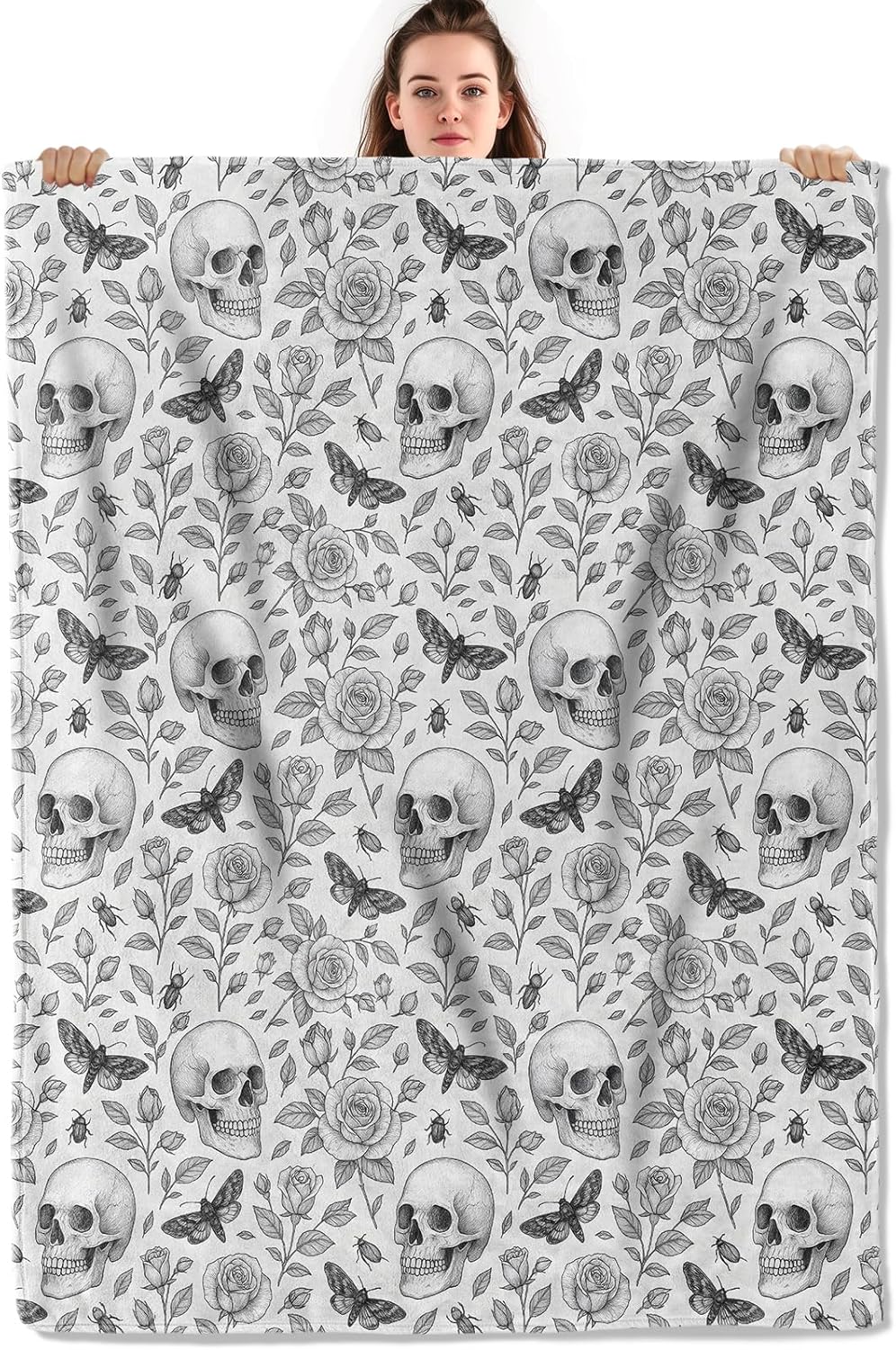 Gothic Skull and Rose Throw Blanket, Lightweight Warm Floral Flannel Blanket with Flowers Moth, Black and White Art Home Decor and Gifts, Soft Cozy Blankets for Women Men, 50"x60" for Bed Couch Travel