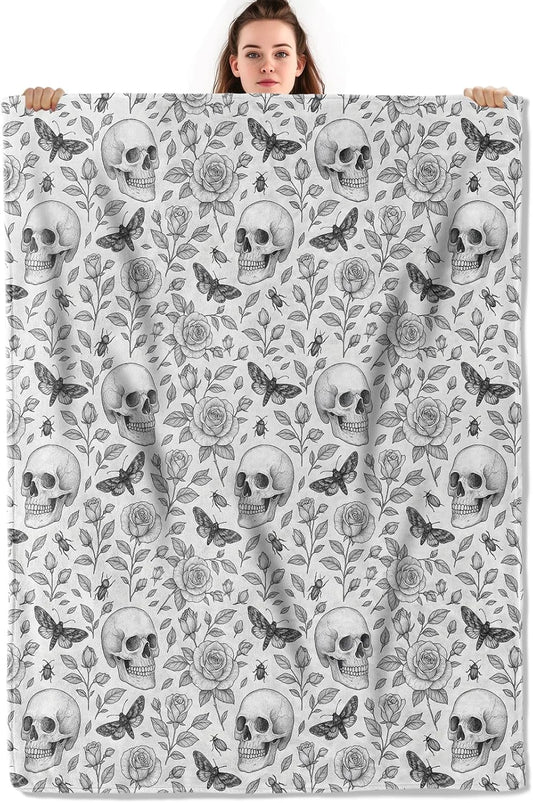 Gothic Skull and Rose Throw Blanket, Lightweight Warm Floral Flannel Blanket with Flowers Moth, Black and White Art Home Decor and Gifts, Soft Cozy Blankets for Women Men, 50"x60" for Bed Couch Travel