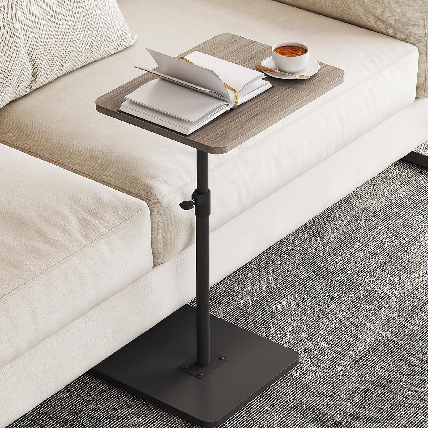 NiHome Minimalist Height Adjustable End Table, 360° Rotatable Sofa Armrest Side Tray Table, Adjustable Legs Space-Saving Couch Bedside Bathtub TV Tray C-Shaped End Table Snack Table for Eating (Gray)