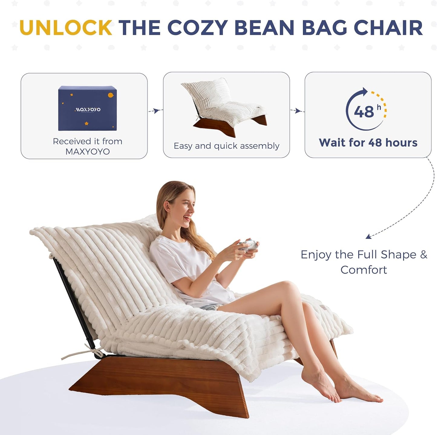 MAXYOYO Adjustable Living Room Chair, 3-Position Bean Bag Chair with Removable Cover, Upholstered Accent Chair with Frame, Soft Reclining Lounge for Bedroom, Apartment, Office, Beige