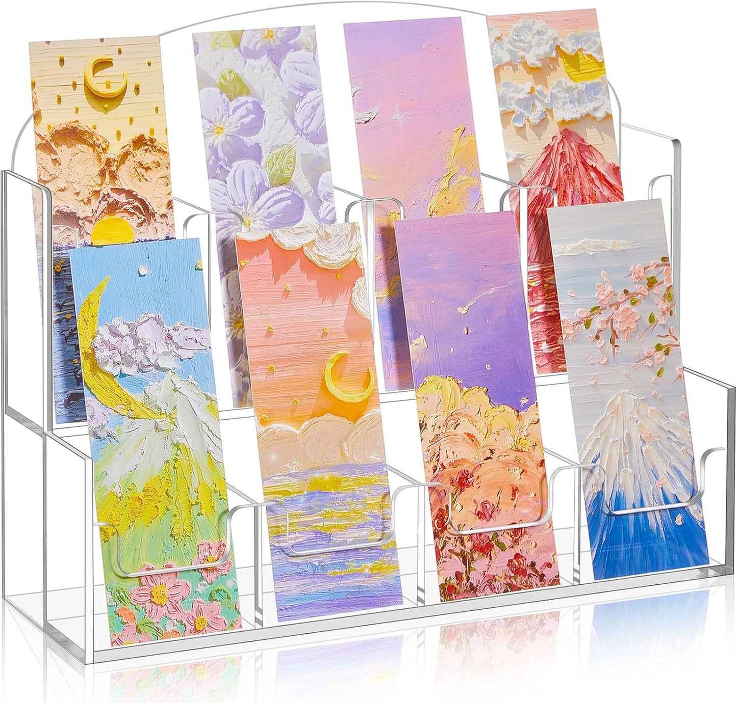 Acrylic Bookmark Display, Adjustable 2. 2'' Bookmark Stand, Portable Sticker Holder, Curved Pockets Greeting Card Display for Business Vendor, Retail Store Shop(Integrated,8 Pockets)