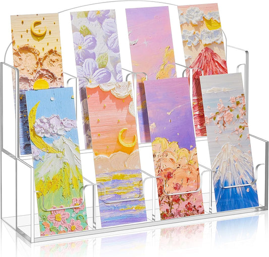 Acrylic Bookmark Display, Adjustable 2. 2'' Bookmark Stand, Portable Sticker Holder, Curved Pockets Greeting Card Display for Business Vendor, Retail Store Shop(Integrated,8 Pockets)