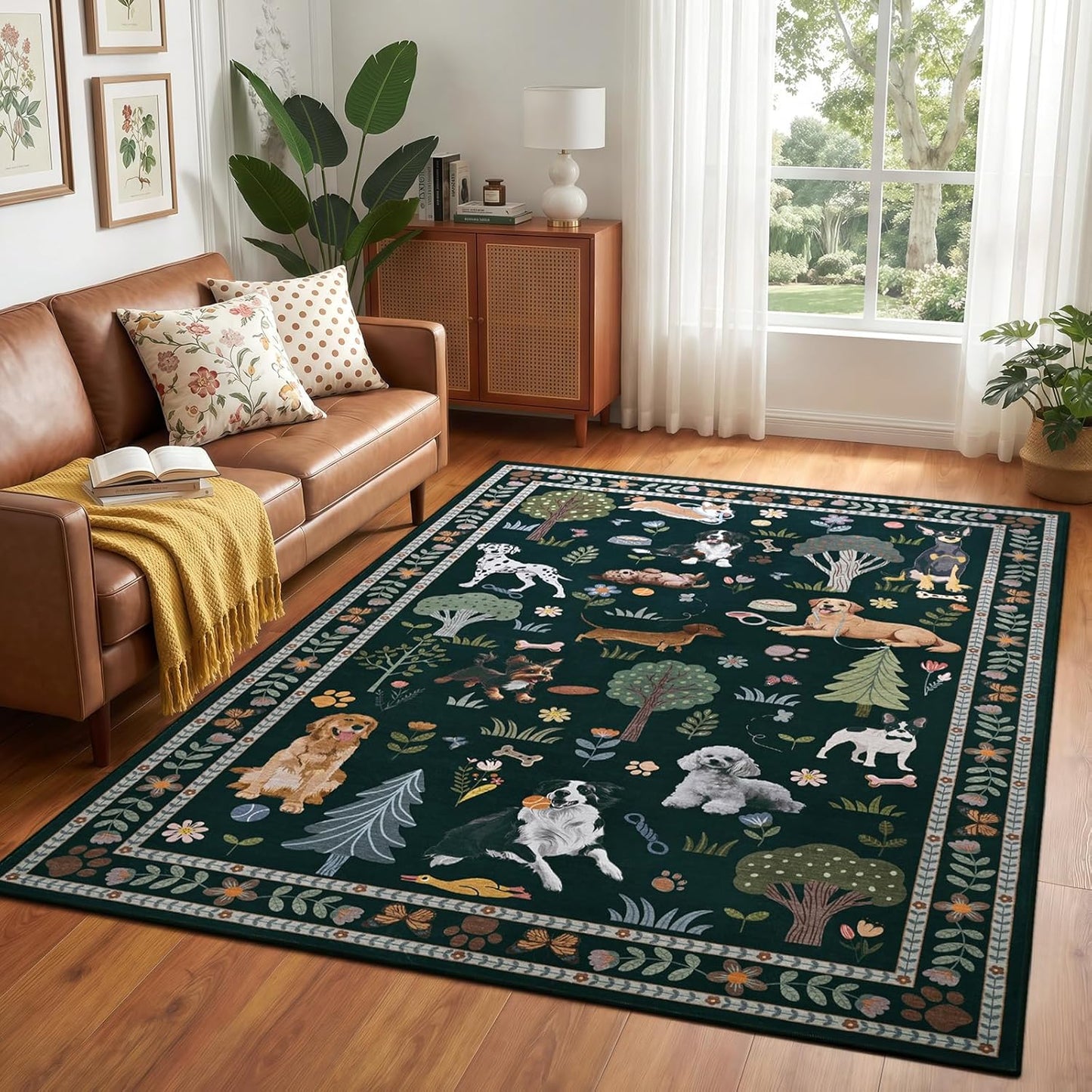 ST. BRIDGE 5x7 Black Living Room Rug, Washable Large Area Rug with Non Slip Backing, Soft Stain Resistant Dog Rugs, Low Pile Animal Indoor Carpet for Kids Room Bedroom Dining Room Home Office