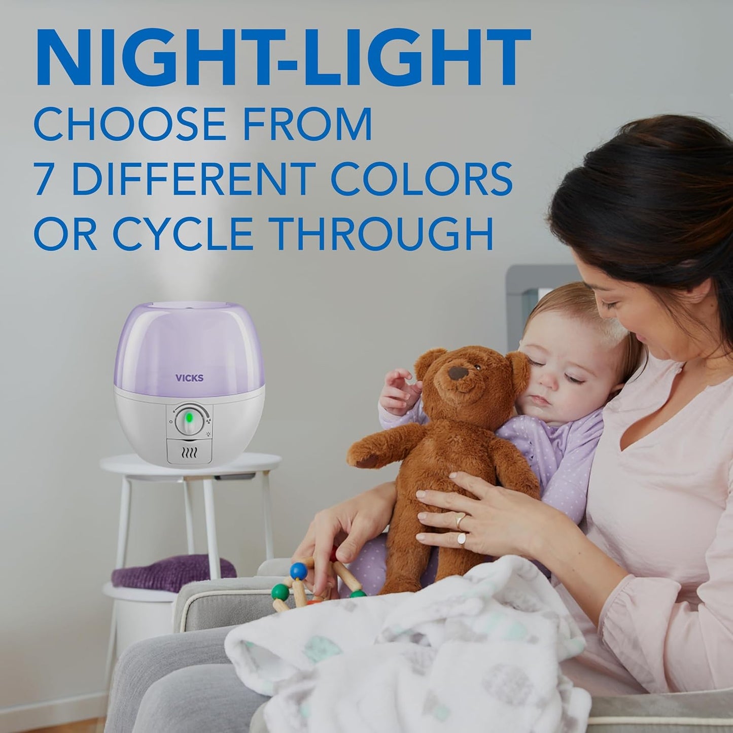 Vicks Humidifier 3-in-1 SleepyTime Cool Mist Humidifier for Baby & Kids Rooms with Color Changing Night Light and Essential Oil Diffuser, White