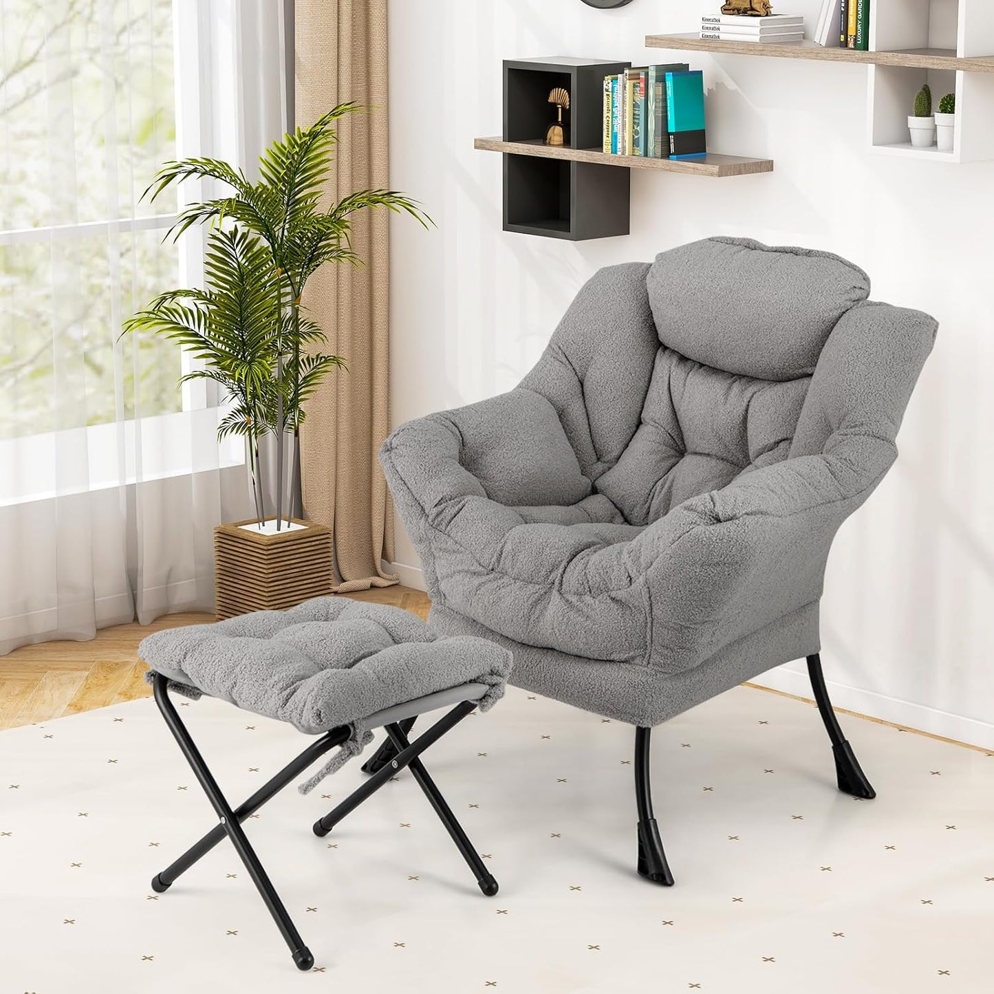 HOMGX Lazy Chair with Ottoman, Modern Accent Chair w/Folding Footstool & Side Storage Pocket, Upholstered Comfy Reading Chair for Bedroom, Living Room, Office (Grey)