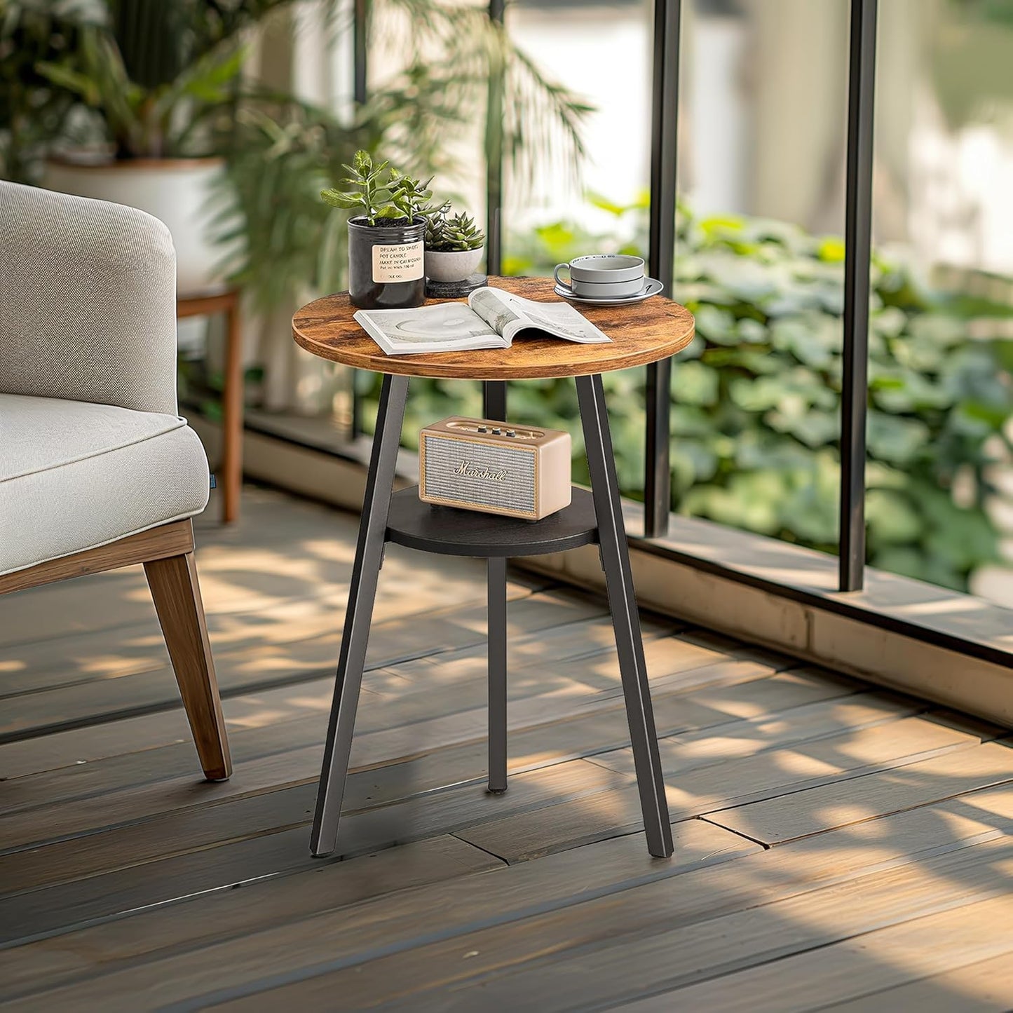 INHABIT UNION End Table, 2 Tier Round Side Table with Metal Frame, Industrial Nightstand Bedside Coffee Accent Table for Living Room Bedroom Small Space, Rustic Brown，15.4" D x 21.6" H
