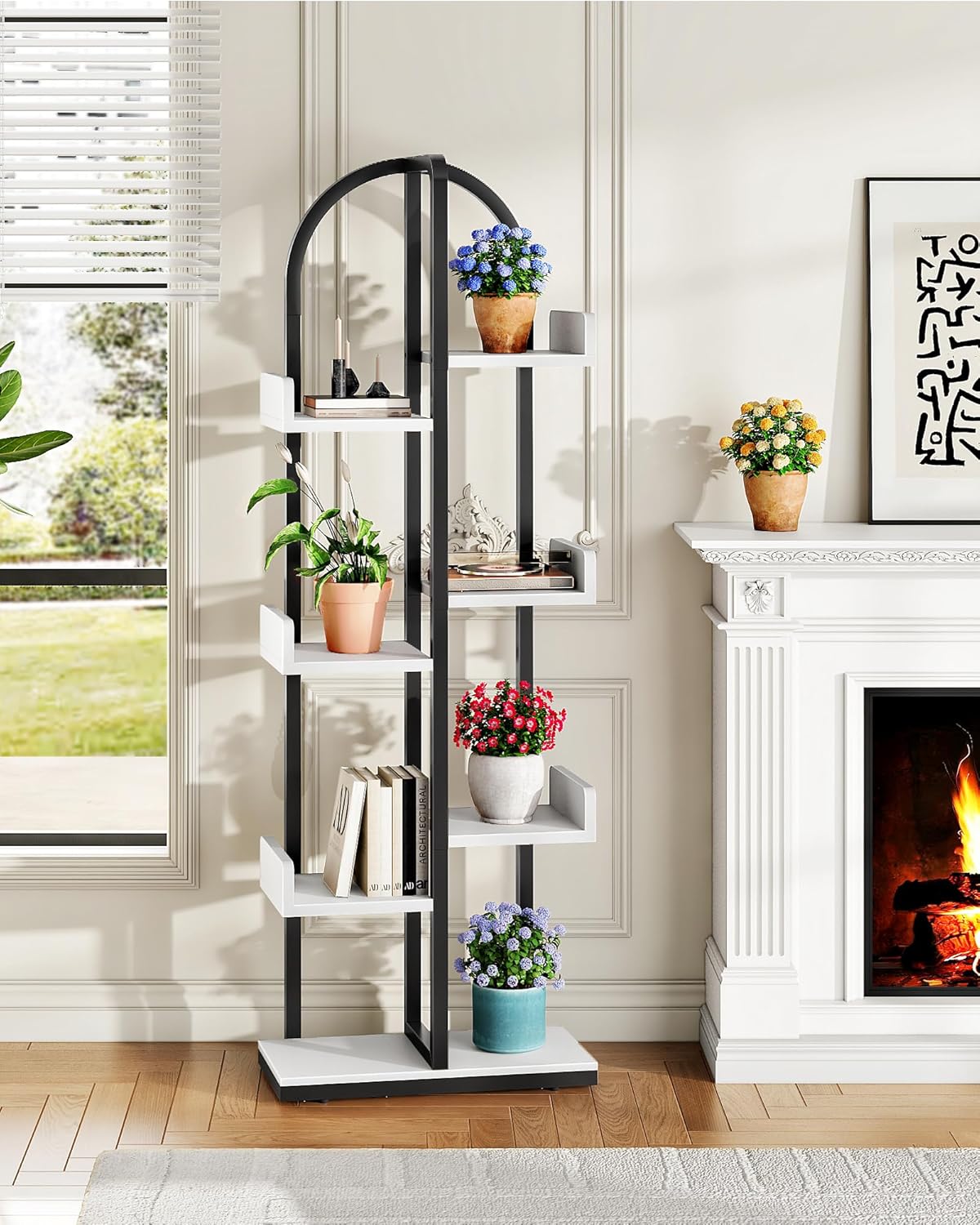 Corner Bookshelf, Curved 6-Tier Bookcase with Anti-Tip Kit, Adjustable Feet and Staggered Shelves for Living Room, Bedroom, Study, Office, White and Black TSJ06BW