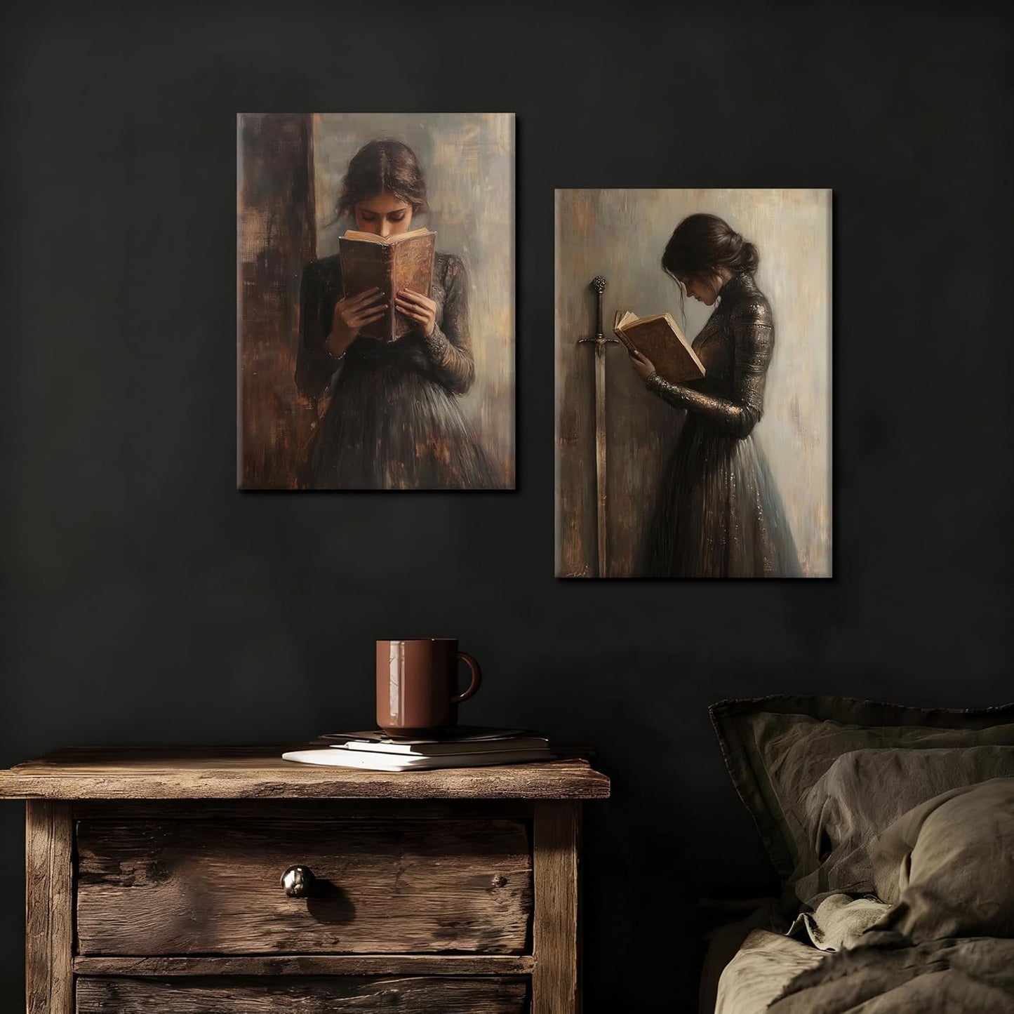 Dark Academia Wall Art Dark Moody College Girl Painting Poster Print Gothic Victorian Woman Reading Magic Book Picture Wall Decor for Library Corner Bedroom Dorm Living Room 16x24 In