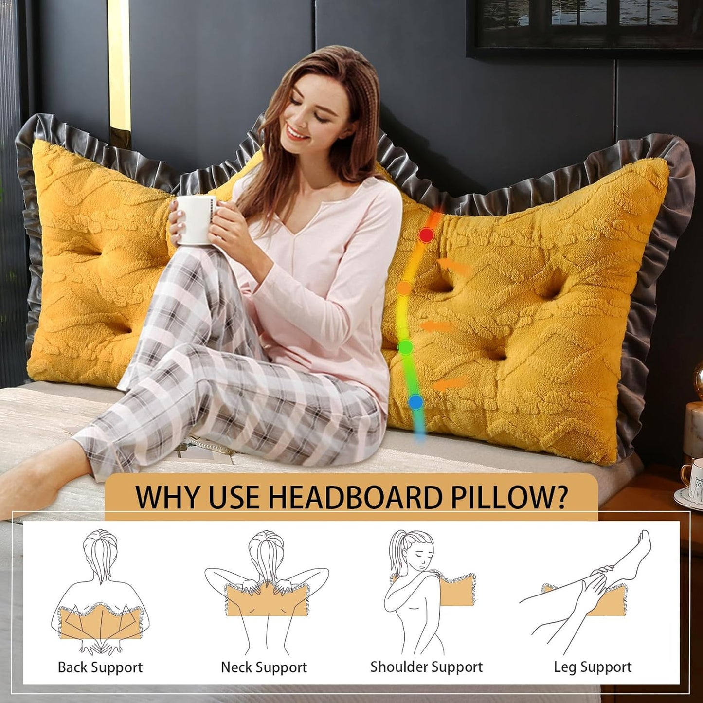 ROOMLIFE Headboard Pillow Crown Princess Soft Bed Pillow for Headboard Backrest Positioning Support Bed Rest Reading Pillows Lace Process Headboard Pillows with Removable Cover(Twin, 22x35 Inches)