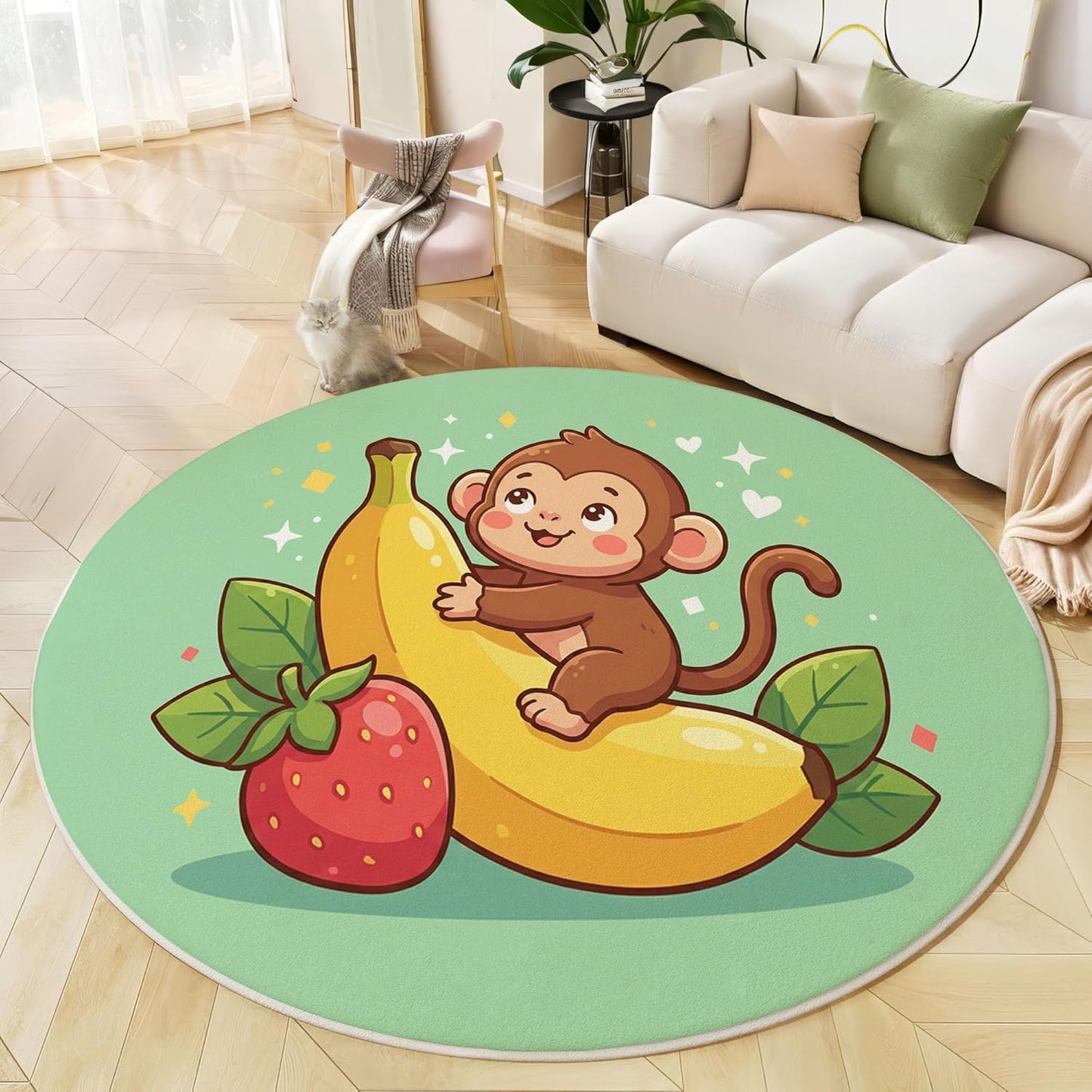 Round Rug for Kids Room, Cartoon Monkey Banana Round Rugs 4Ft, Cute Animals Circle Rug, Sage Green Washable Circle Carpet for Living Room Bedroom, Non Slip Low Pile Thin Area Rugs