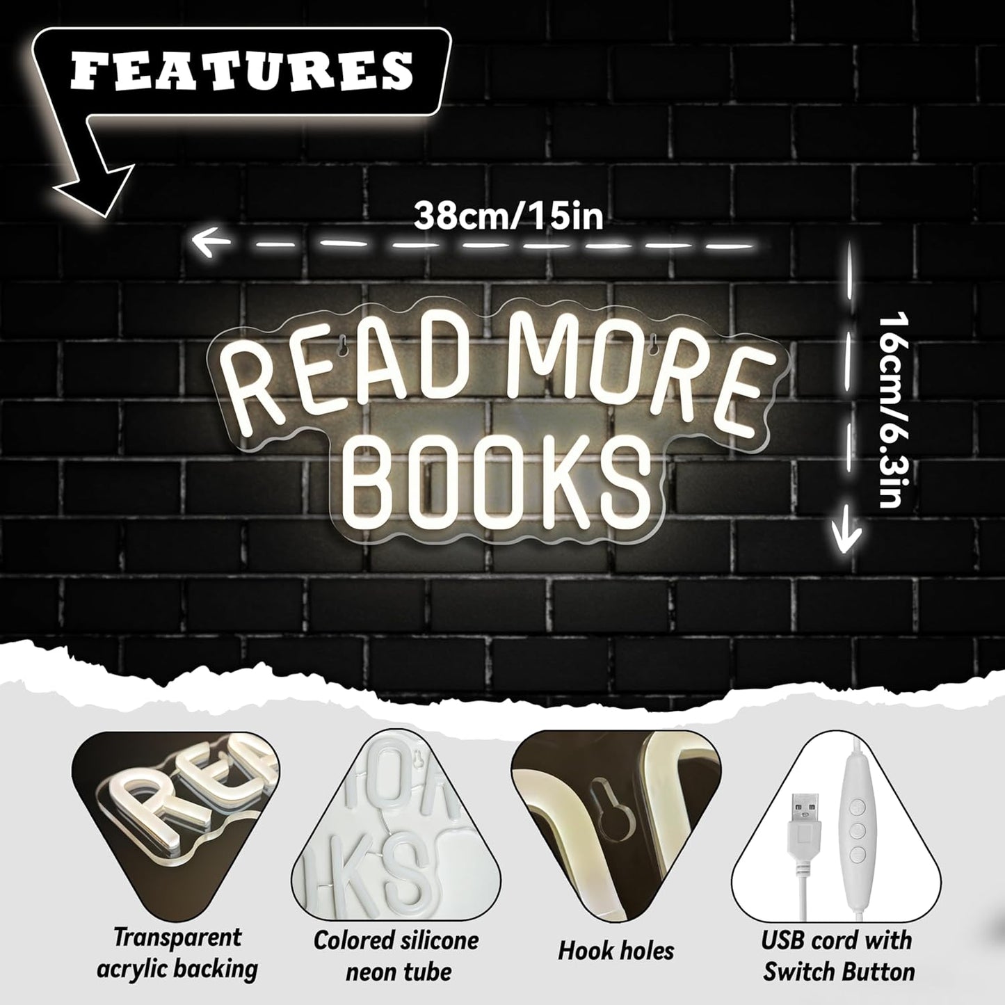 Read More Books Neon Sign Dimmable Book LED Light up Sign for Bedroom Bookstore Reading Room Library Museum Study Room Classroom Wall Decor USB Powered Kids Gifts (15"*6.3")