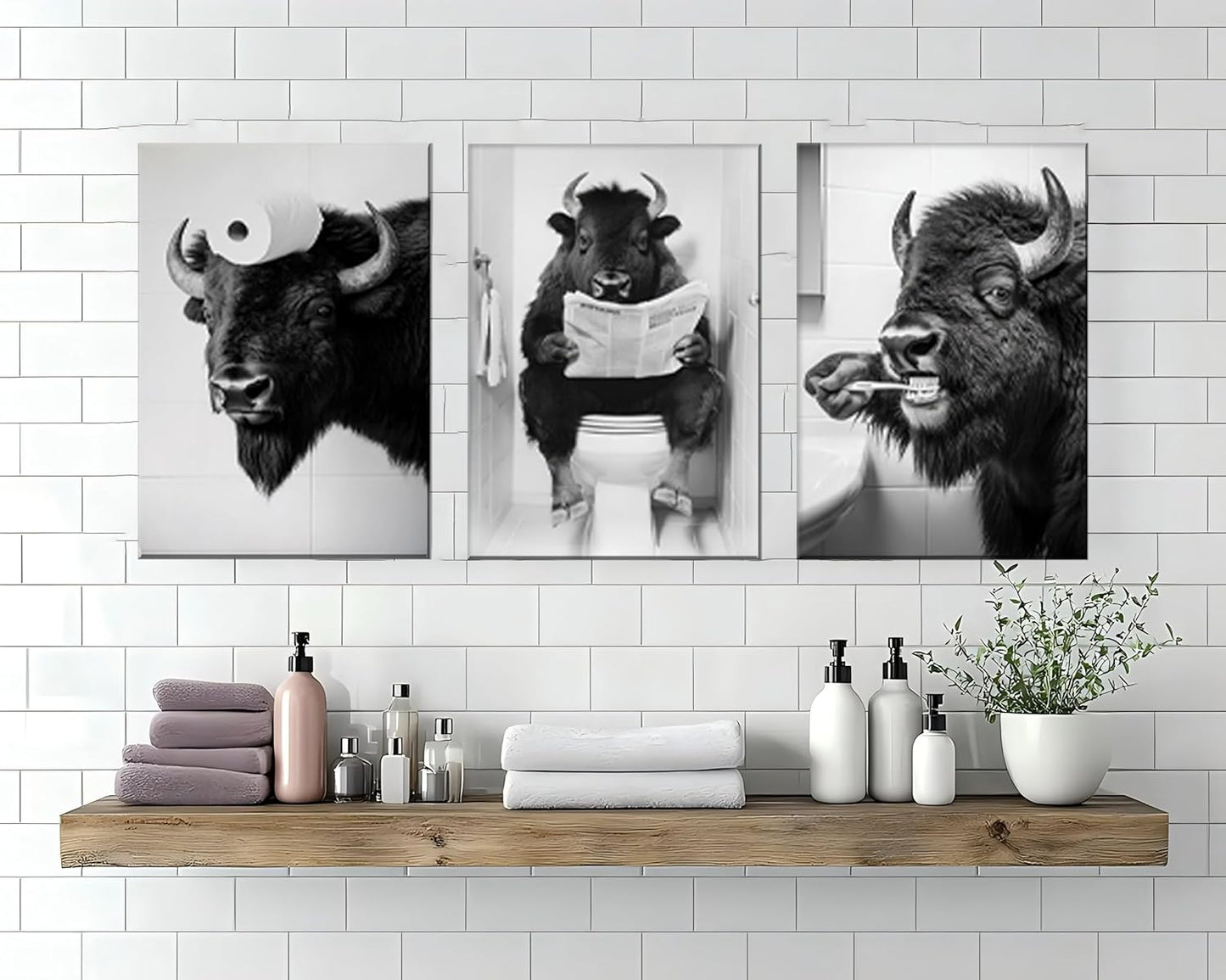 Funny Bison Bathroom Wall Art - 3 Piece Black and White Buffalo on Toilet Canvas Prints, Humorous Animal Pictures for Restroom Decor, 12x16 Inch Framed, Unique White Elephant Gift