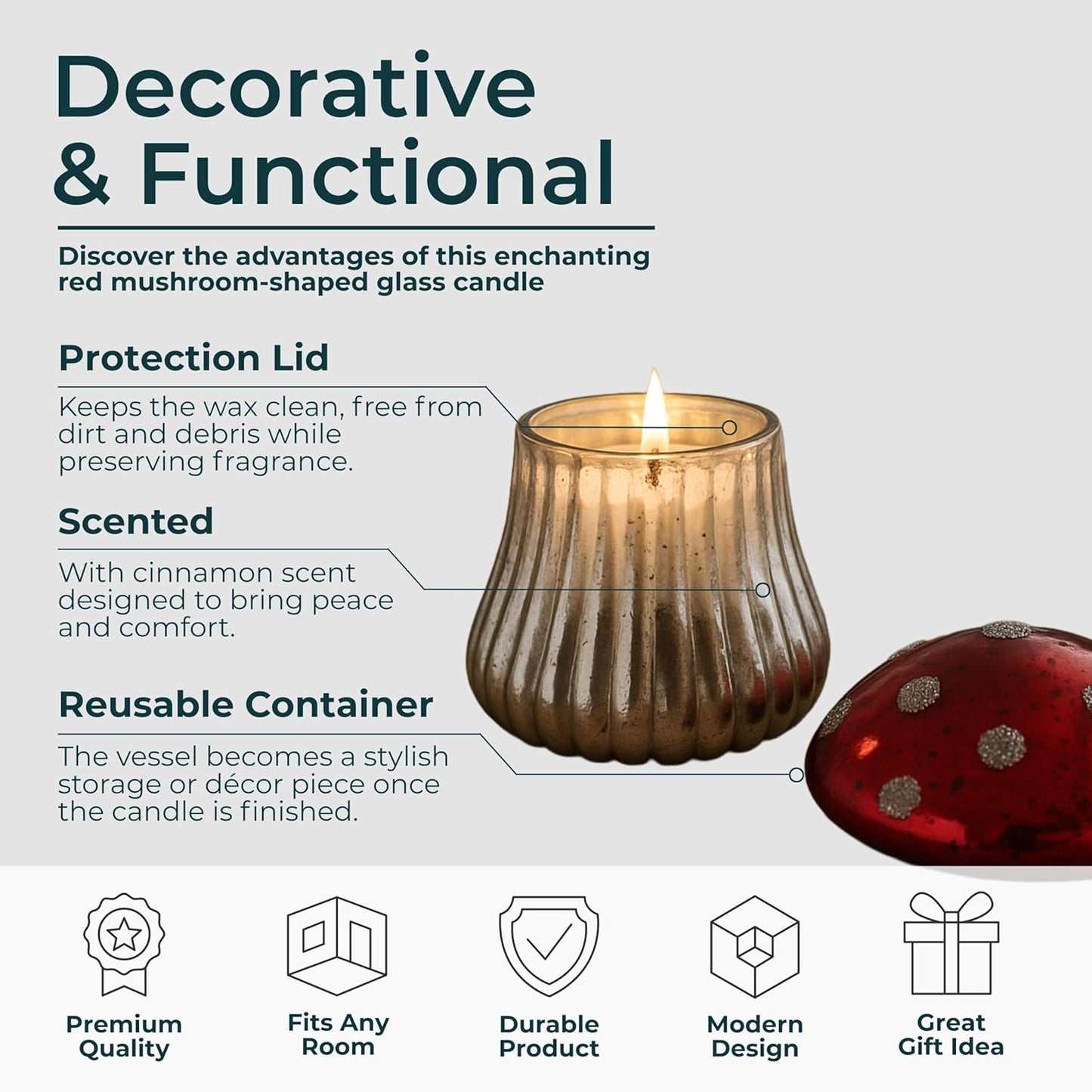 Glass Candle Accent – Candle for Relaxed Ambience, Living Room or Bedroom Shelf or Table, Whimsical Mushroom Shape Home Decor With Cinnamon Scent Glow – 6" / 12 oz, Red & Silver Finish