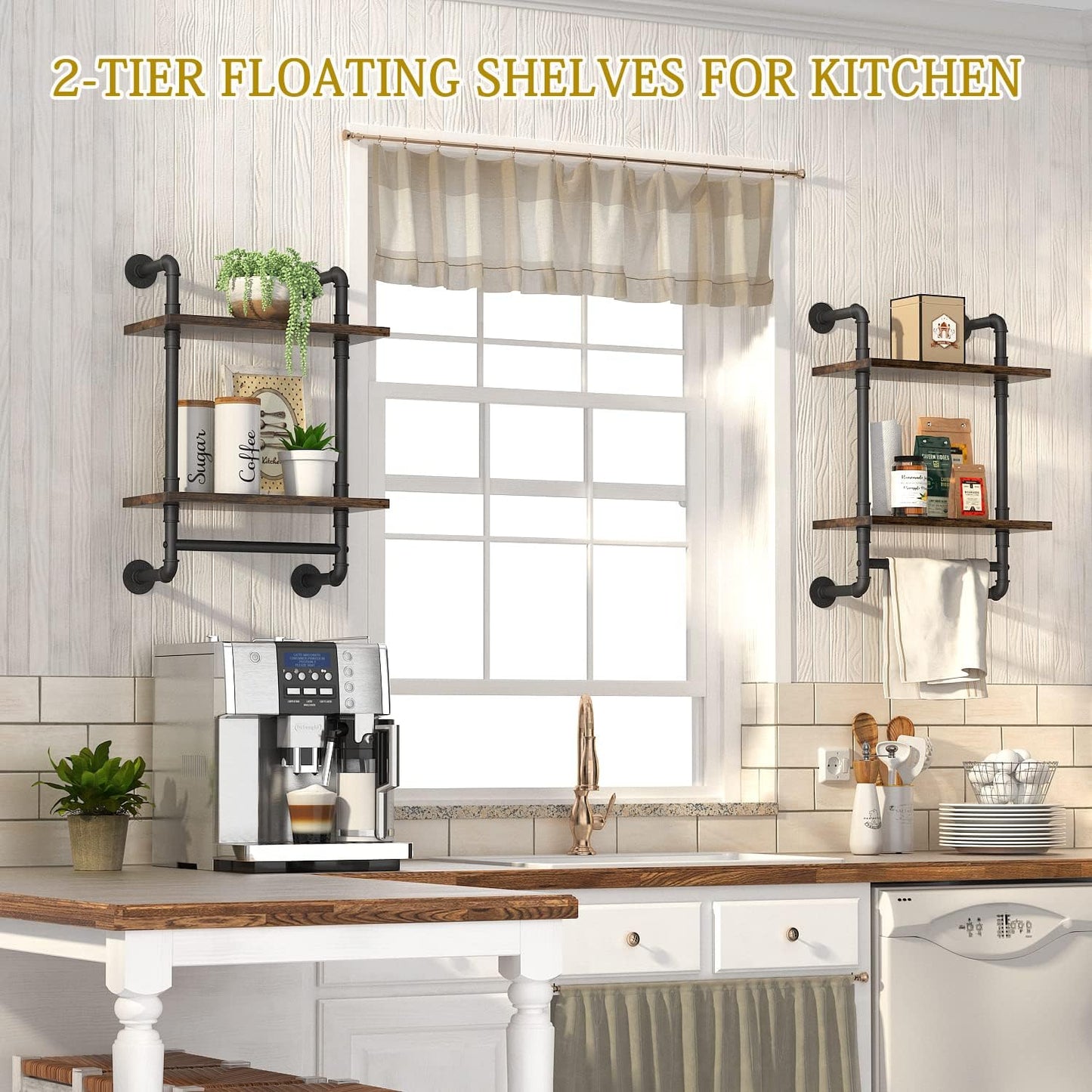 Helsin Industrial Pipe Floating Bathroom Shelves Wall Mounted with Towel bar, 2 Tier Rustic Wood Wall Shelf, 16inch Metal Towel Rack Storage Bookshelf for Bathroom, Kitchen, Farmhouse, Living Room | with Towel bar, Wall Shelf, Towel Rack, Storage Bookshel