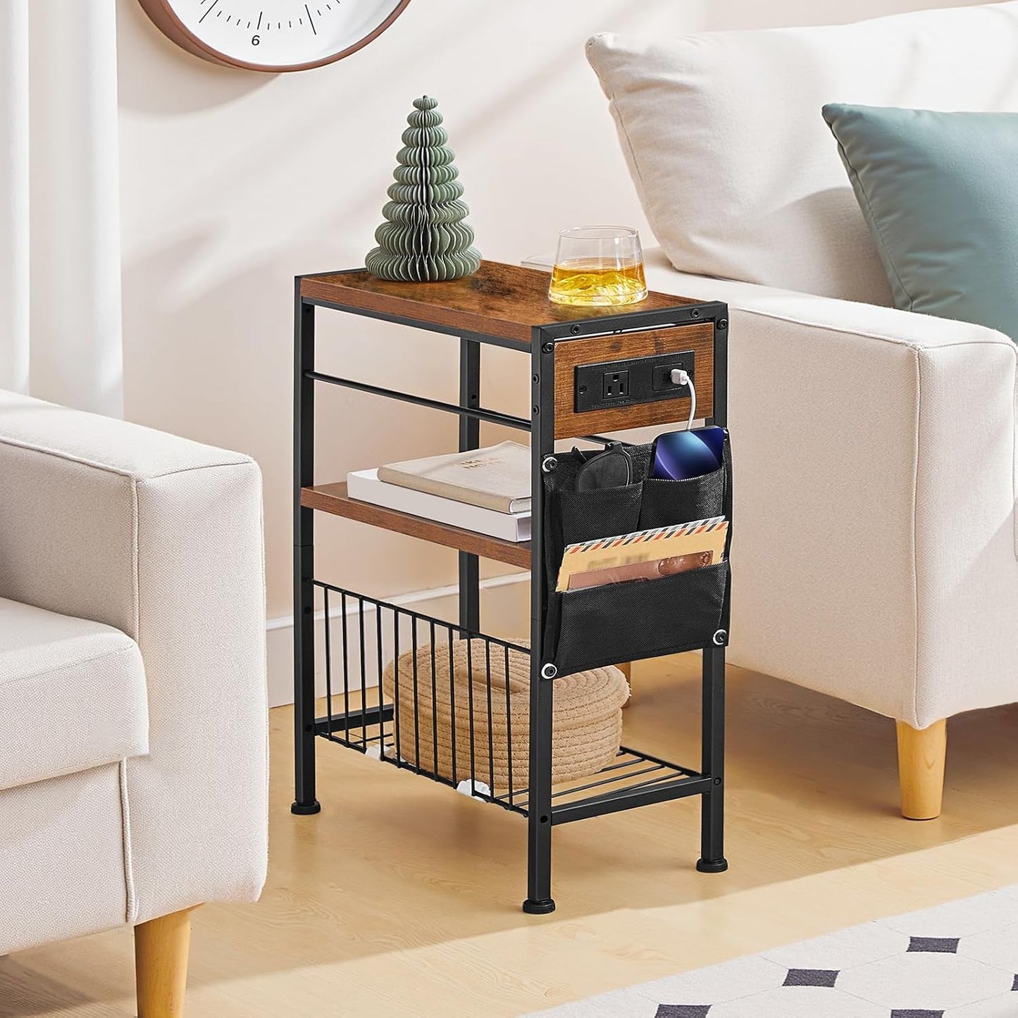HOOBRO End Table with Charging Station, Small Side Table with Magazine Holder, Nightstand Bedside Table, 3-Tier Storage Shelf for Small Space, Living Room, Bedroom,Rustic Brown and Black BF412UBZ01