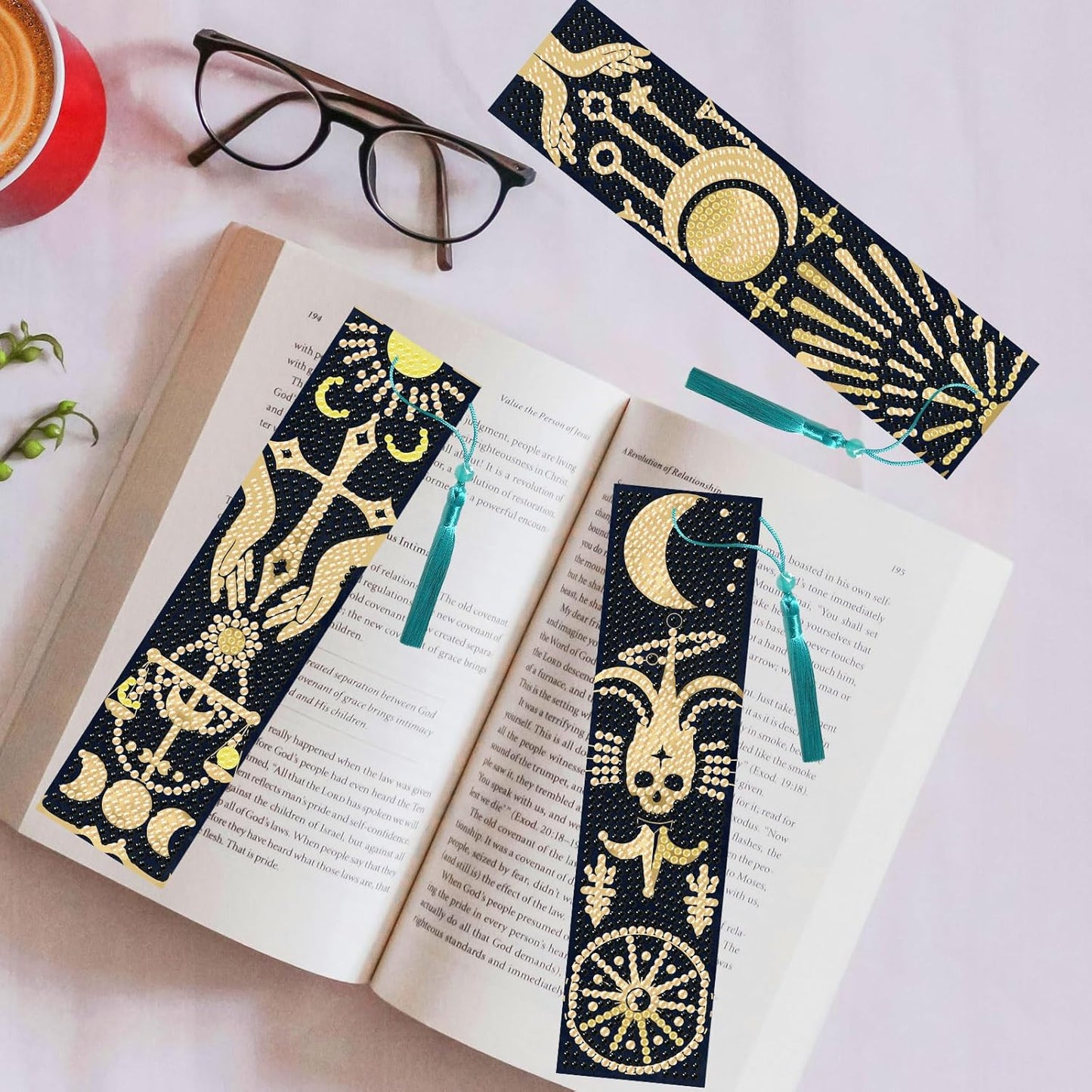 6Pcs Fantasy Divination 5D Diamond Art Bookmarks Sun Moon Scales Diamond DIY Painting Bookmarks Rhinestones Beaded Acrylic Tassel Bookmark for Adult Beginner Crafts