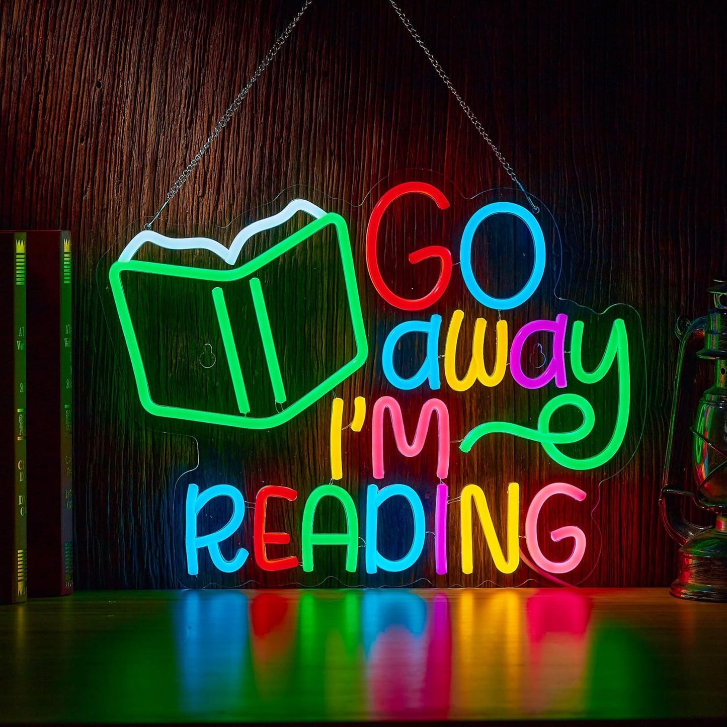 Read Books Neon Sign Go Away I Am Reading LED Light for Kids Room School Library Classroom Wall Decor Dimmable Multicolored Signs (16.5 X 12.6 inch)