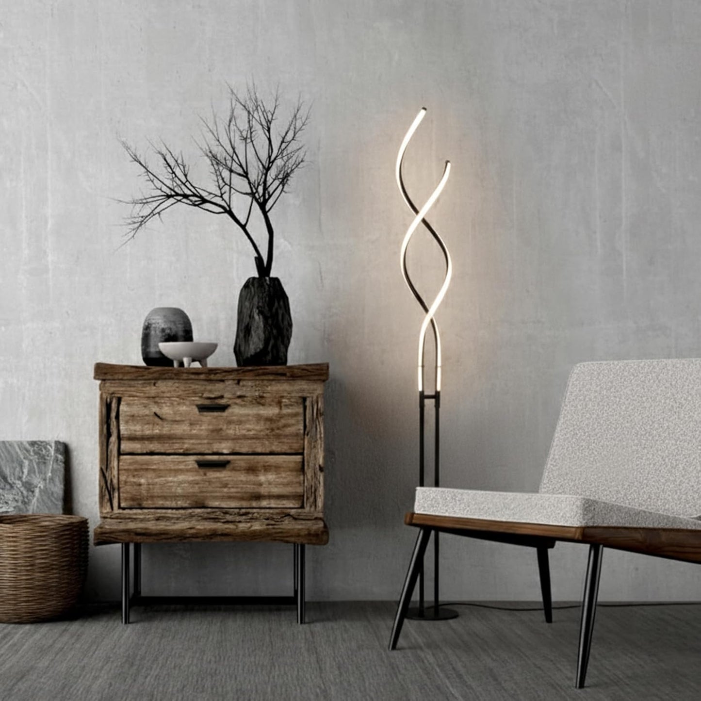 Brightech Embrace Dimmable LED Floor Lamp – Modern Spiral Adjustable Standing Lamp for Living Rooms & Offices – 2-in-1 Tall End Table Lamp for Bedroom Reading - Black