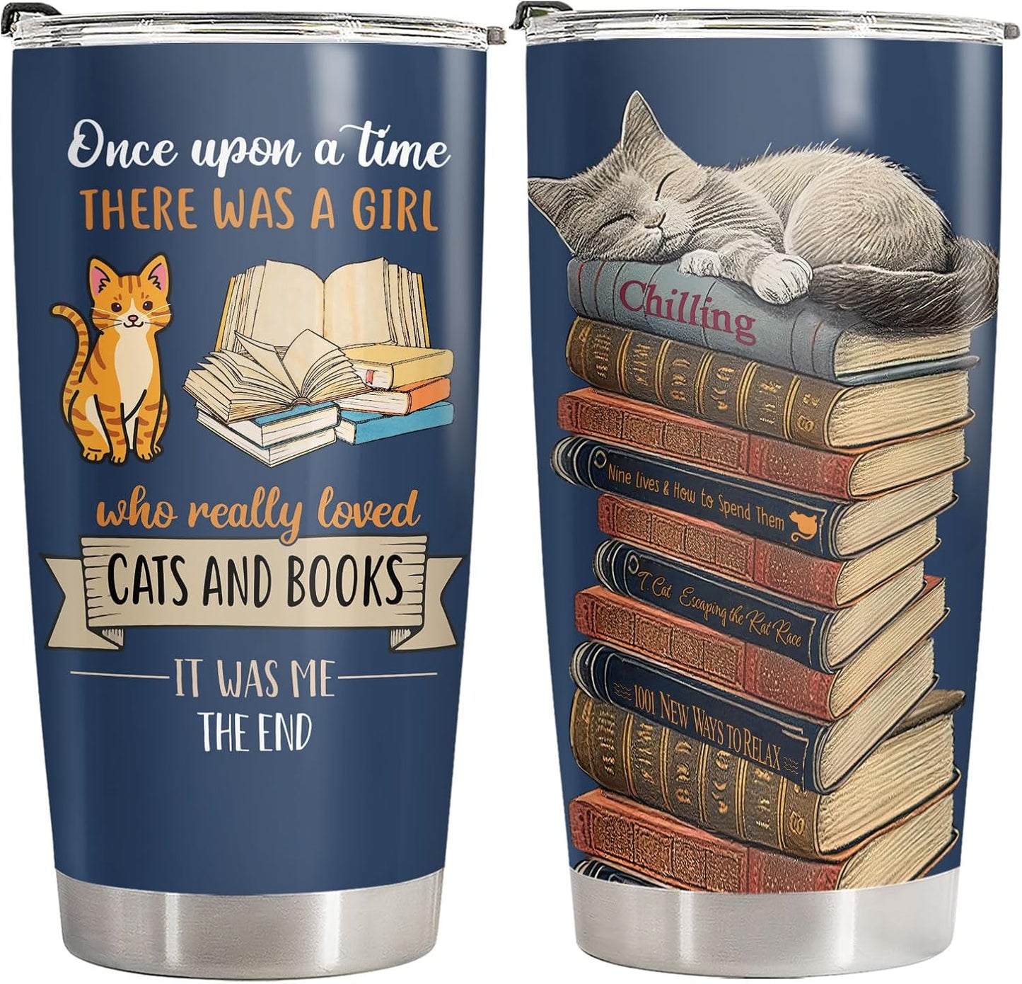 34HD Cat Bookish Tumbler 20oz Stainless Steel Insulated, Funny Just a Girl Who Loves Cats and Books Gift - Birthday Present for Pet Lovers, Librarian & Her