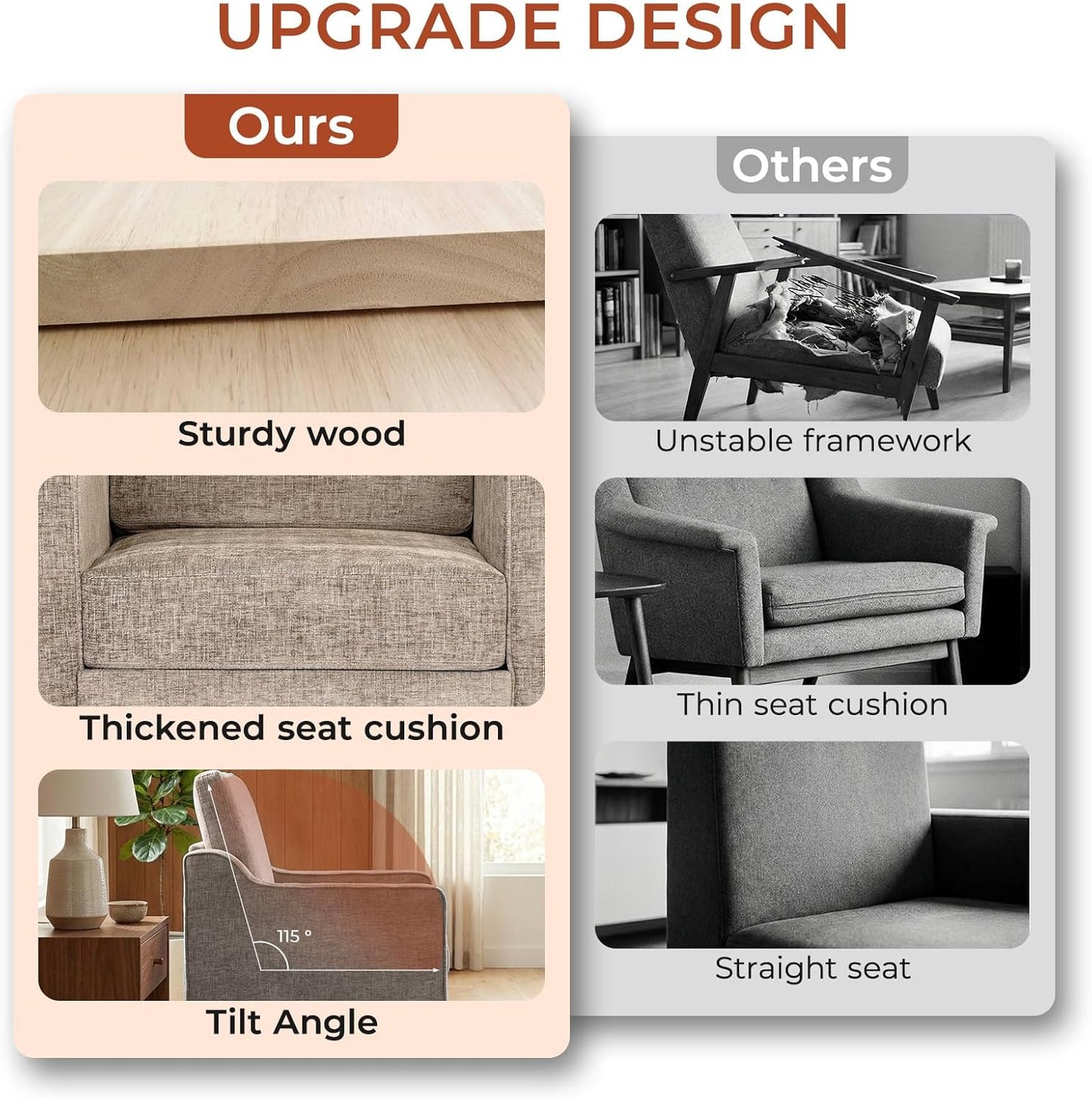 TLSUNNY Mid-Century Accent Chair, Modern Upholstered Chenille Armchair & Padded Reading Chair, Removable Cover & Wood Legs Living Room Chair, Single Sofa for Bedroom/Office/Apartment (Brown)