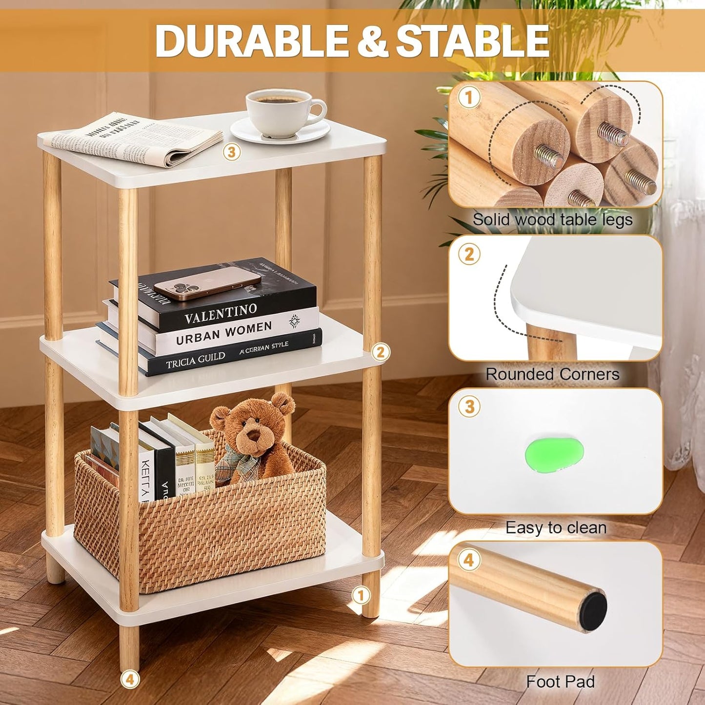 YGYQZ 3 Tier End Table，Tall Side Table with Solid Wood Legs，Small Bedside Table with Storage Shelf，Nightstand for Small Spaces，Living Room,Bedroom，29 in Hight,No Tool Installation,White+Natural