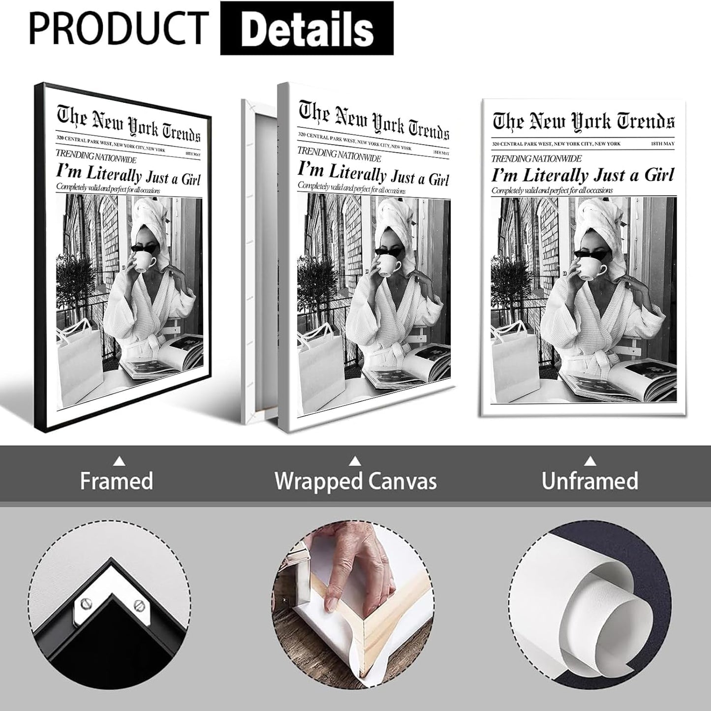 Vintage Black White Newspaper Canvas Wall Art I'M Literally Just A Girl bathroom Posters Trendy Feminist Aesthetic Print Painting For Home Bedroom Apartment Wall Decor 12x16in Unframed