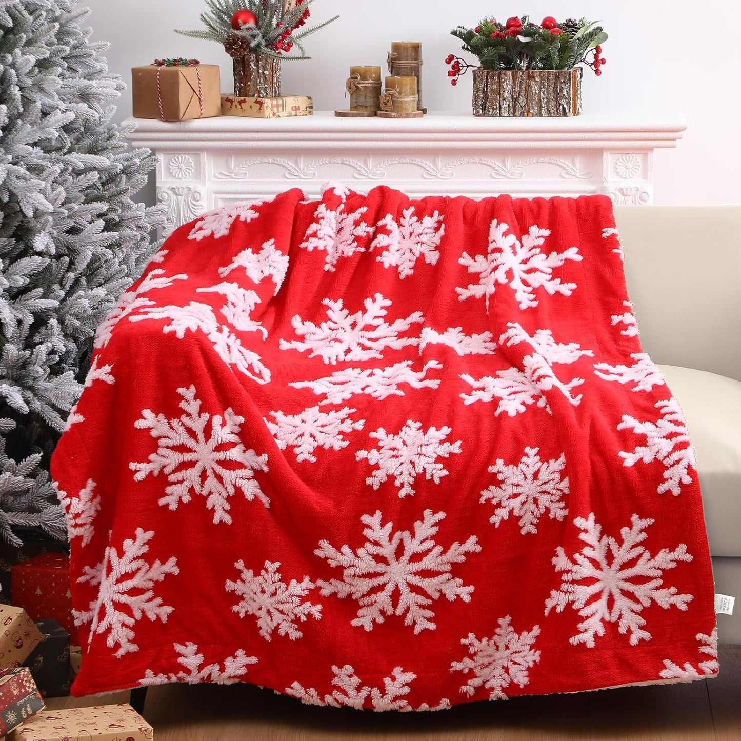 Boao 2 Pcs Red Winter Blanket 50" x 60" Soft Red Snowflake Flannel Fleece Plush Microfiber Throw Blanket for Couch Fluffy Fuzzy Winter Decor Gift for Women Men