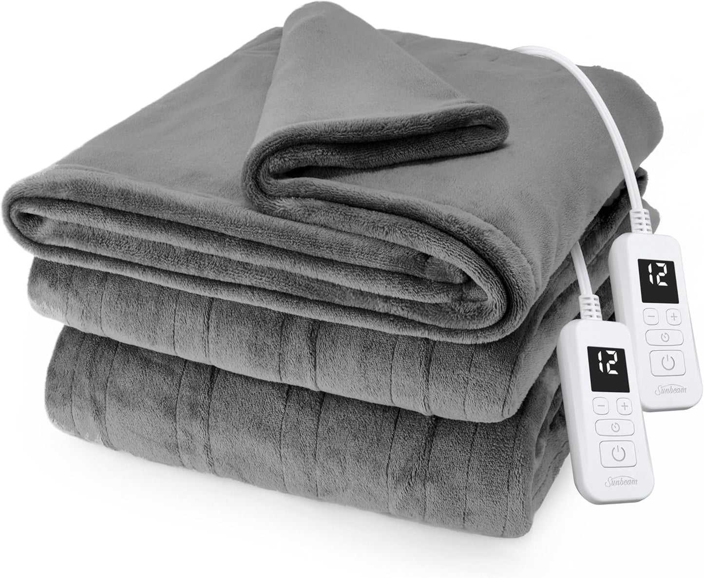Sunbeam Royal Posh Velvet Heated Electric Blanket Queen Size, 90" x 84", 12 Heat Settings, 12-Hour Selectable Auto Shut-Off, Fast Heating, Machine Washable, Warm and Cozy, Night Fog