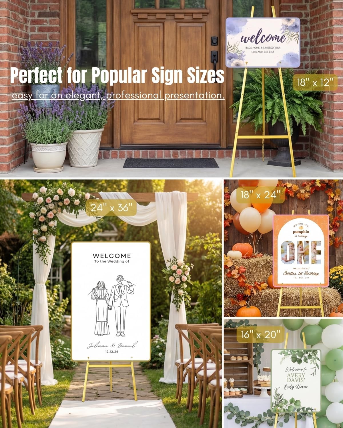 Gold Easel Stand for Sign – 47" Heavy Duty Metal Easel with 4-Tier Height & Adjustable Angle – Elegant Art Easel for Wedding Sign, Welcome Boards, Display, Event – Easy Assembly, Storage Bag Included