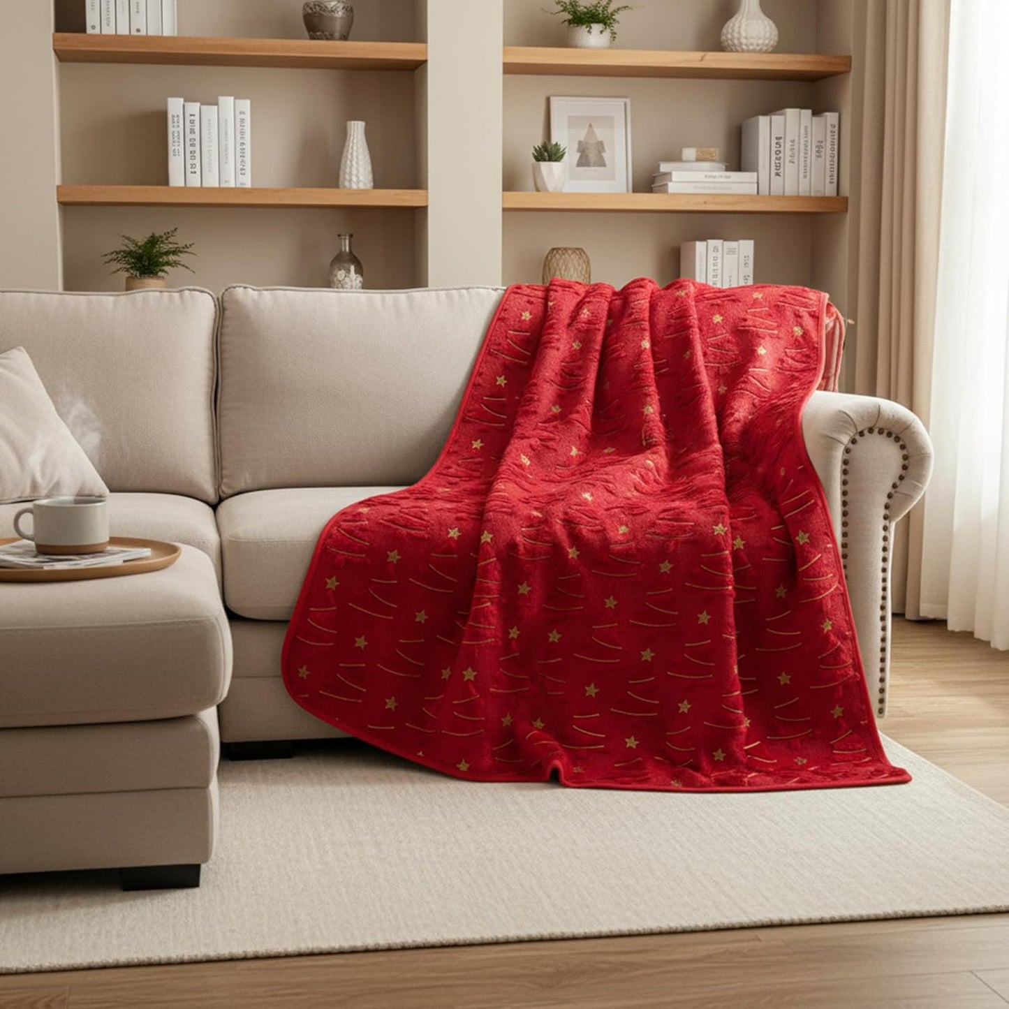 Christmas Tree Throw Blanket with Flannel Backing – Soft Decorative Blanket for Couch, Sofa & Bed, Cozy Holiday Blanket for Christmas Decor, Red