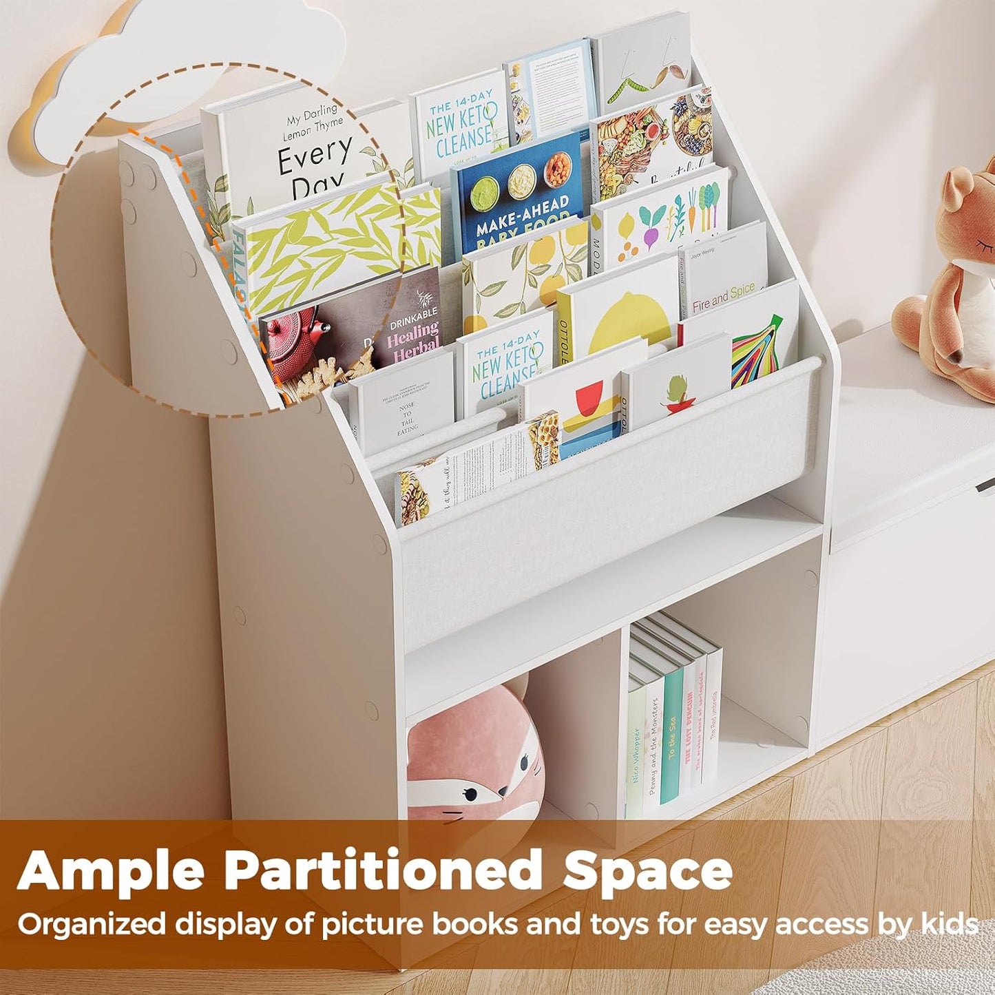 47.2’’ Kids Bookshelf with Reading Nook, Toy Storage Organizer with Seat Cushion, 5-Tier Sling Bookcase and Storage with Bench, for Playroom, Kids Room, Living Room, Nursery, White KBWT8501