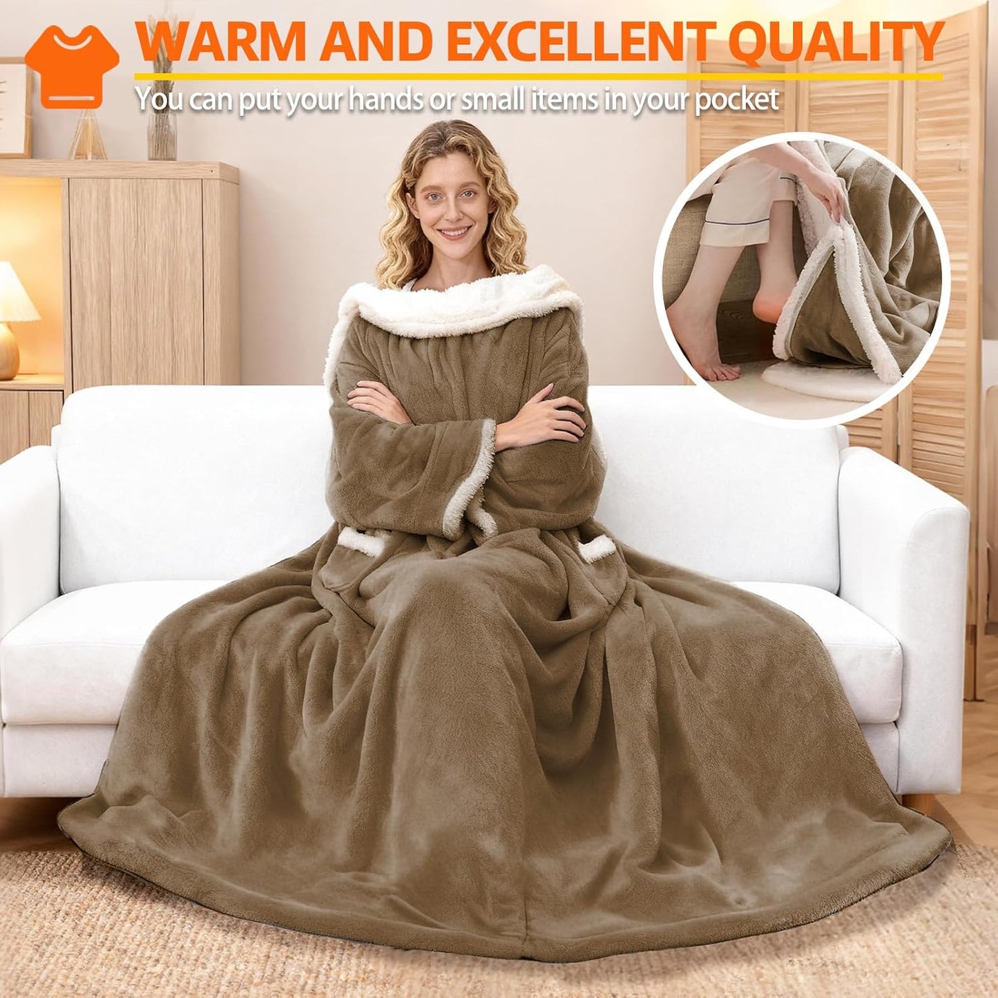 Wearable Heated Blanket With Sleeves & Foot Pocket, Heated Throw Blankets Fast Heating Blanket With 10 Heat Settings Auto Shut Off Over-Heat Protection-Warm Gift, Machine Washable, 52”*72”+18”