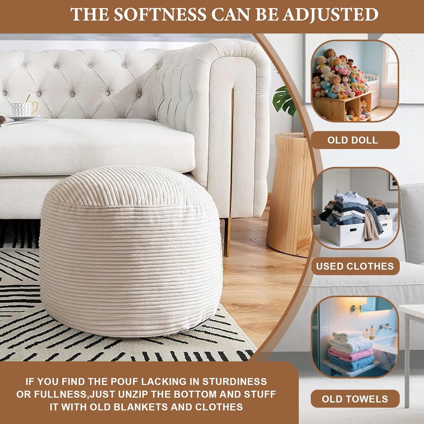Foot Stools Ottoman,Round Stuffed Pouf Ottoman, Corduroy Poufs with Foam Chunk Filling, Furry and Fluffy Storage Ottomans, 20 X 15 Floor Poufs Foot Rest for Living Room
