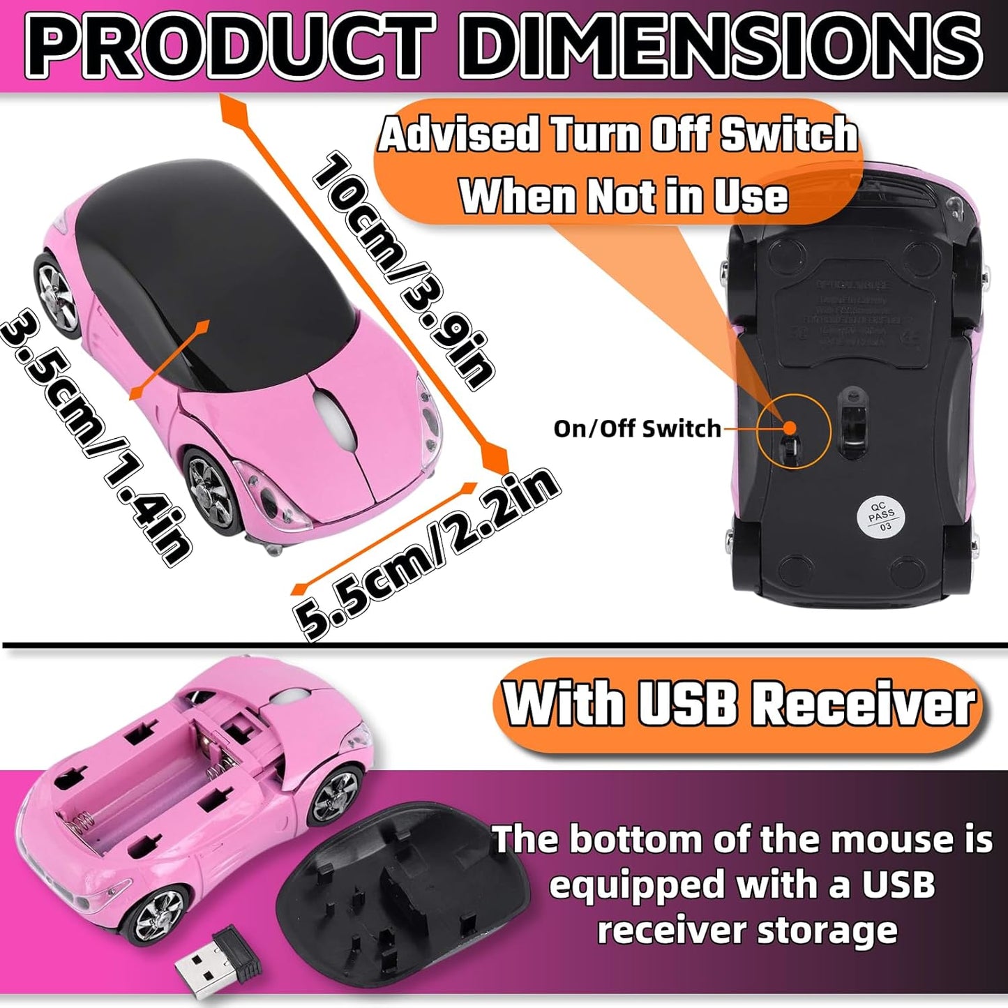 Pink Wireless Car Mouse - 2.4G Wireless with USB Receiver, Optical Mouse for PC, Laptop, Tablet - Win XP/Vista/7/ME/2000/Mac OS Pink Mouse for Her for Christmas