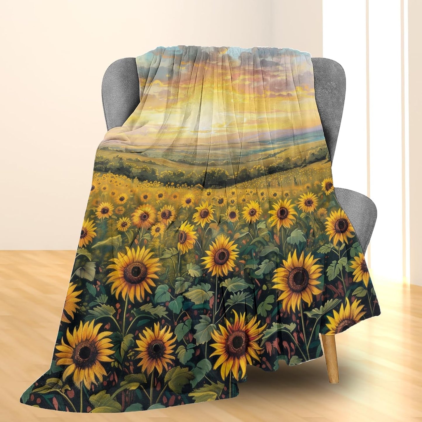 Sunset Sunflower Blanket - Soft, Cozy, Lightweight Flannel Throw Blanket, Perfect for Couch, Bed, Travel - Fuzzy, Fluffy Decorative Home Decor for Outdoor and Indoor Use 60"x50"