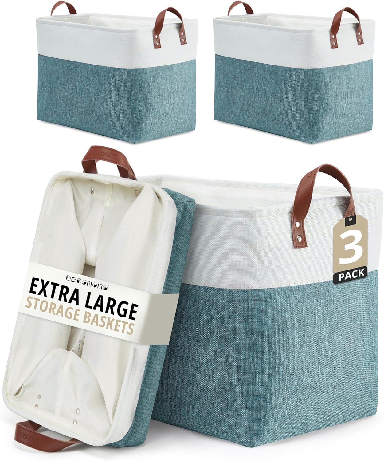 DECOMOMO Extra Large Storage Baskets, Fabric Storage Bins with Handles for Organizing Shelves, Toys, Nursery, Laundry (Green & White, 3pcs)
