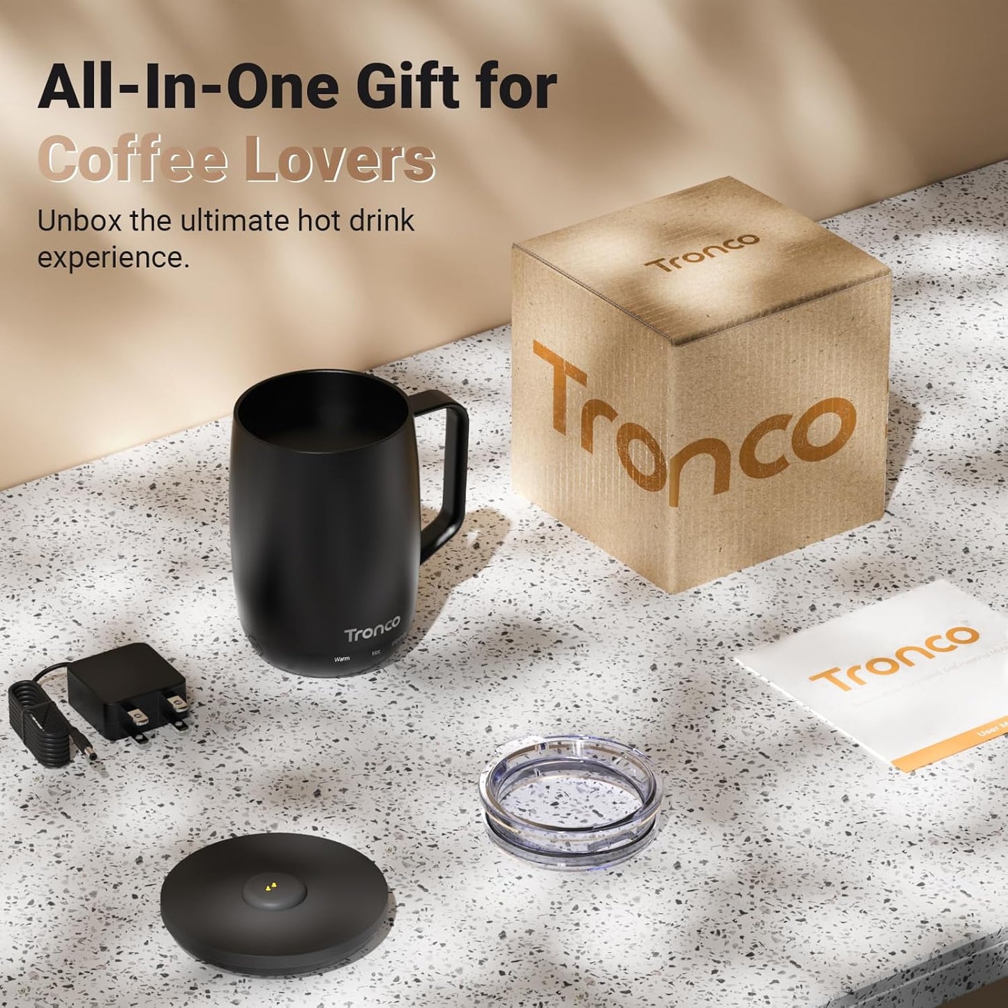 Tronco Temperature Control Heated Coffee Mug 14 oz – Rechargeable Self-Heating Coffee Cup with Lid – Manual Control, 3 Modes, 130 Min Battery Life, Auto Shut-Off (White)