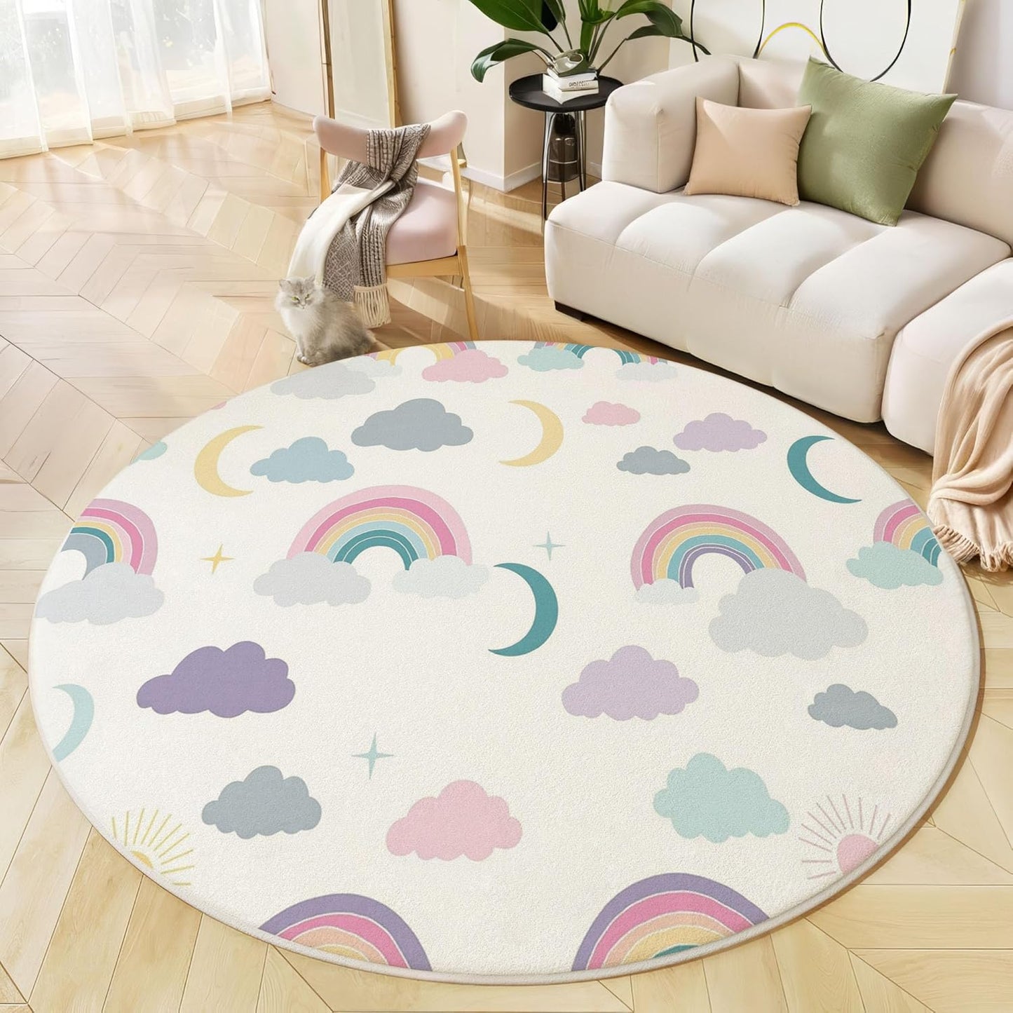 3Ft Round Washable Rug - Large Area Rug for Living Room Dining Room, Creamy Color Soft Bedroom Carpet with Cute Rainbow Clouds Pattern, Cartoon Starry Sky Décor, Low Pile Stain Resistant