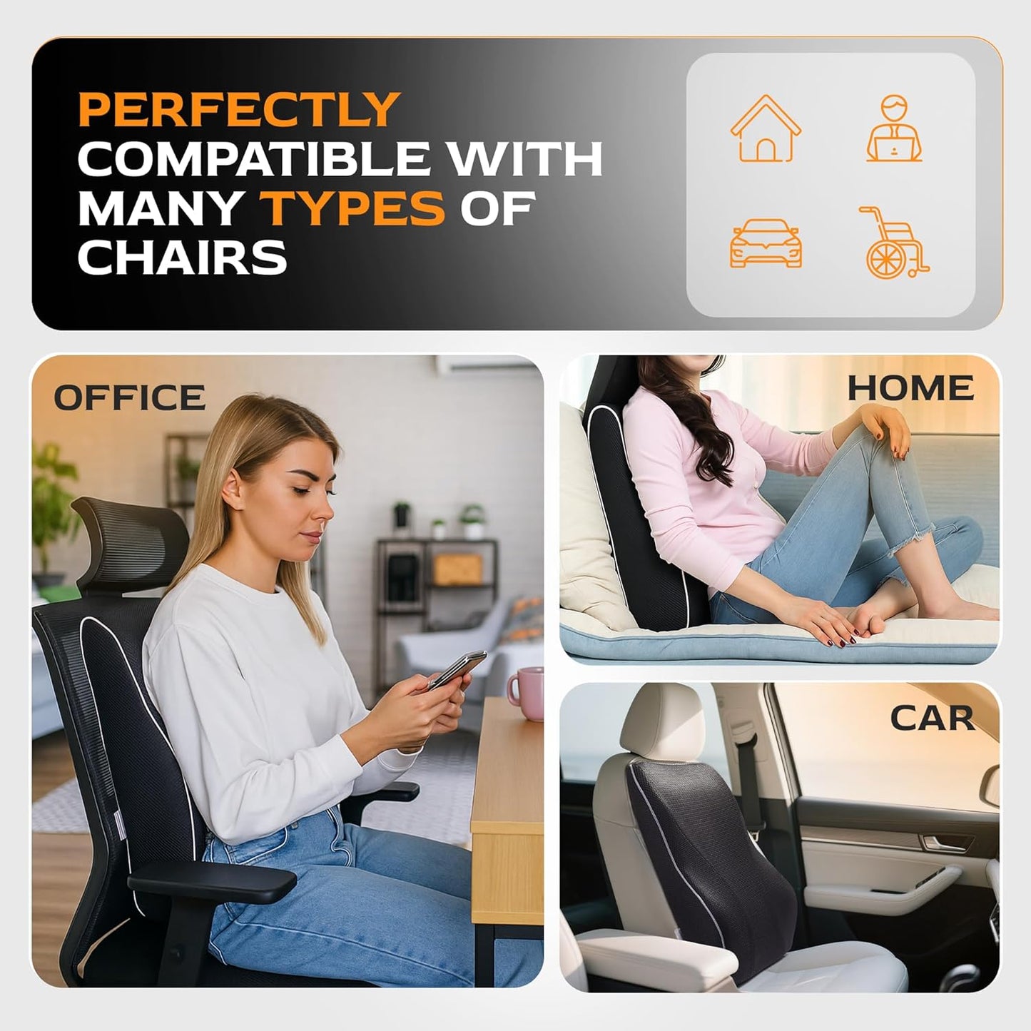 Extra Dense Lumbar Pillow with Double Adjustable Straps - Ergonomic Lumbar Support Pillow for Office Chair, Car, Couch Firm Back Support for Lower Back & Spine Pain Relief Memory Foam Cushion