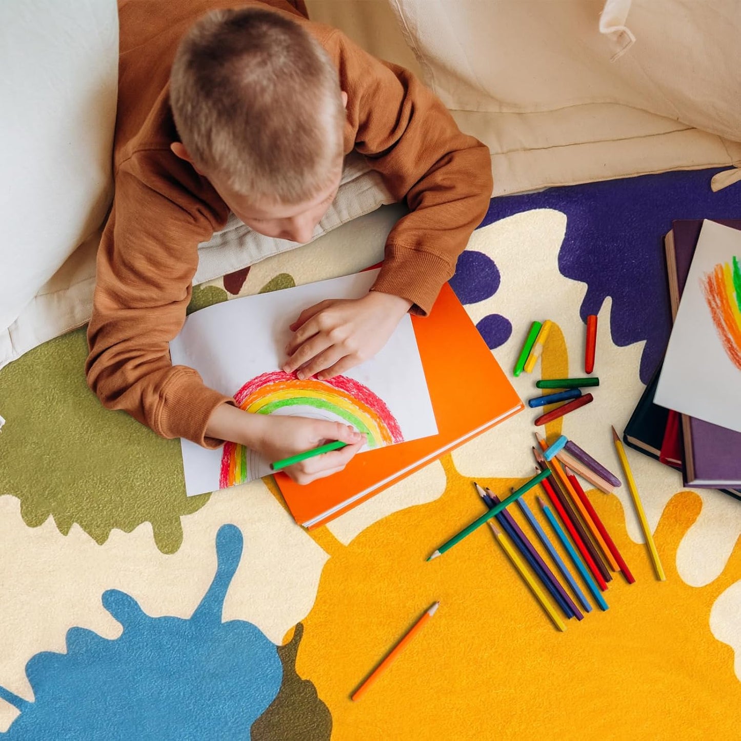 STARUIA Colorful Area Rug, 5'x7' Classroom Rug for Kids, Paint Splash Washable Rugs for Playroom, Non-Slip Rainbow Nursery Rugs Soft Living Room Carpet for Bedroom Dining Room Kids Room