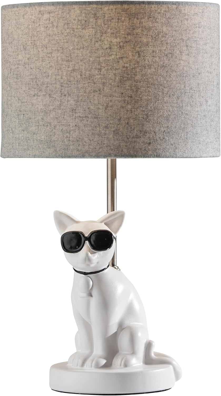 Adesso Sunny Cat Table Lamp – White Ceramic Novelty Lamp for Bedroom and Office Lighting or Living Room Décor, 18” x 10”