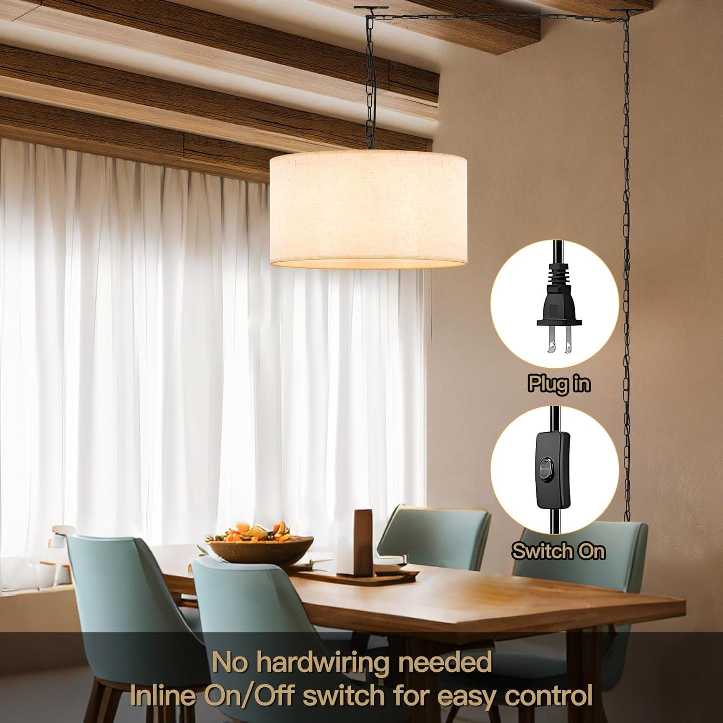 3-Light Plug in Pendant Light with Linen Drum Shade, 15FT Cord & 11.8FT Chain, Adjustable Hanging Height Chandelier with Inline Switch Modern Hanging Lamp for Bedroom Living Room Dining Room