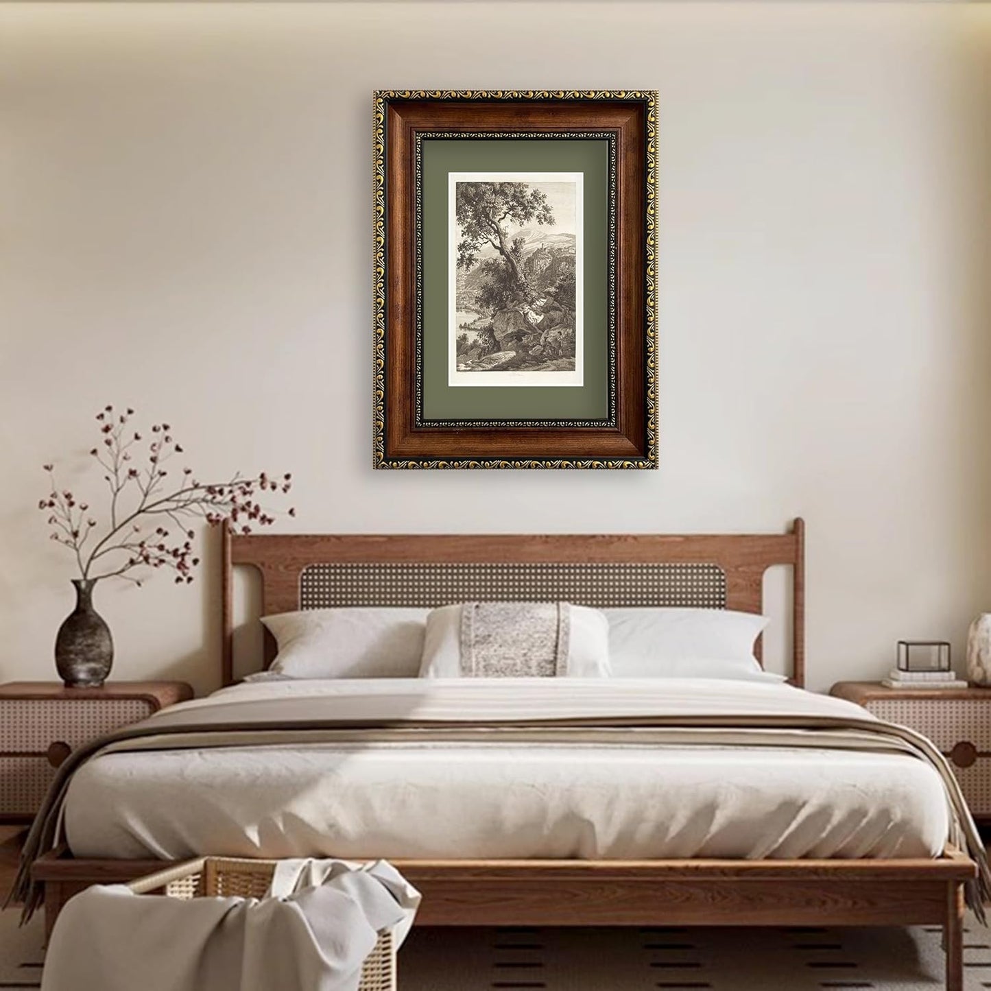 Vintage Landscape Framed Wall Art Antique Tree Sketch Engraving Prints Classic Nature Mountain Artwork Rustic Farmhouse Dark Academia Wall Decor for Living Room Bedroom Office