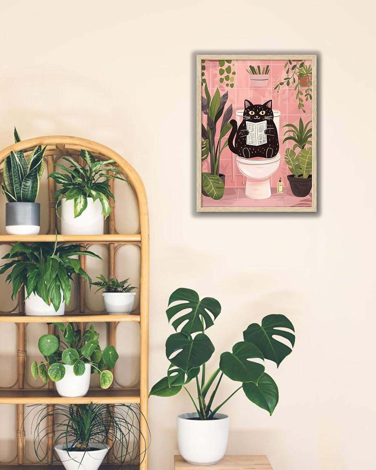 UPWOIGH Beige OAK Framed Wall Art, Black Cat Reading the Newspaper Poster, Wood Canvas Wall Decor,Animals Abstract Prints, 12"x16"High-end Pictures for Bathroom Bedroom,1 Pack