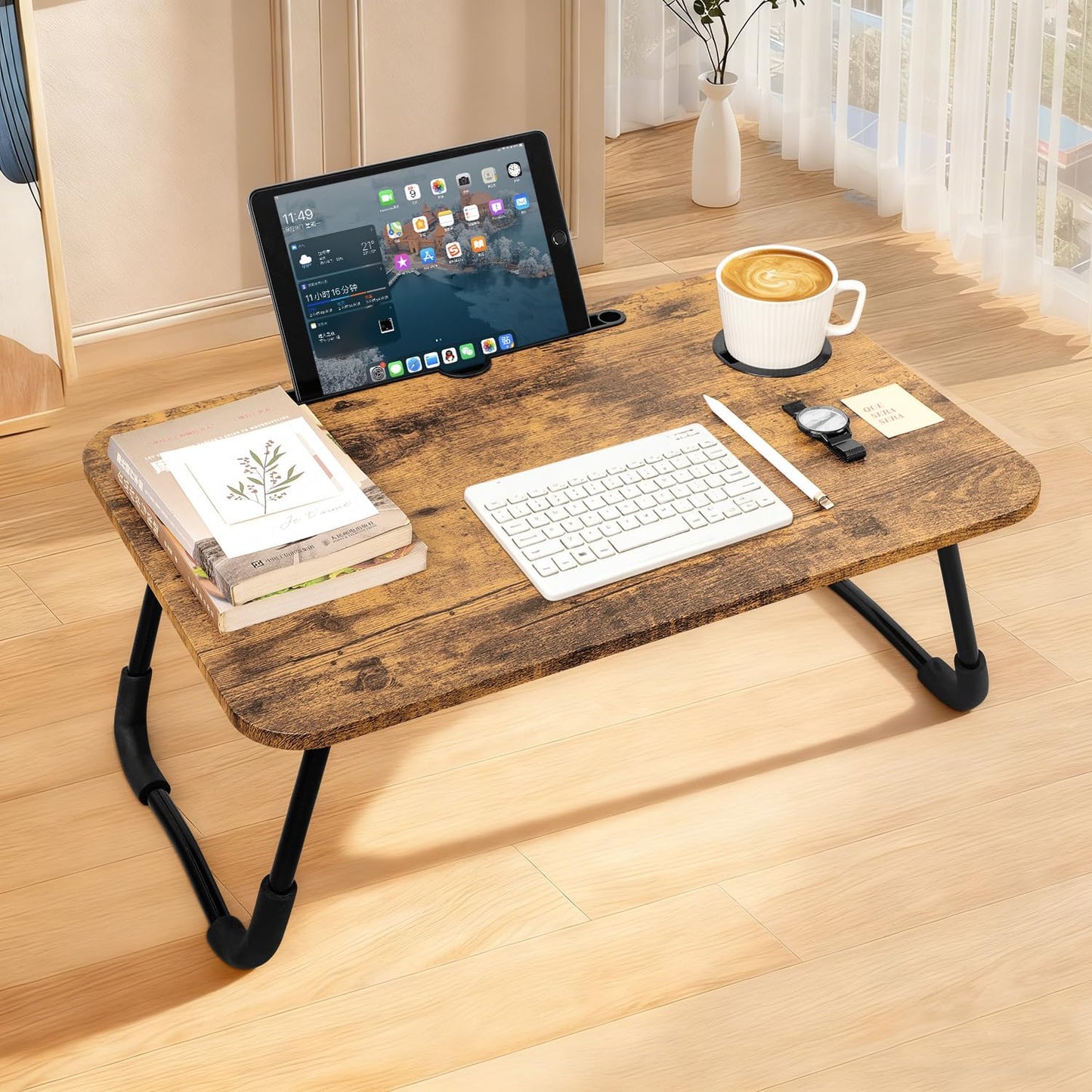 Lap Desk Foldable Laptop Table Portable Bed Tray Desk with Holders for Cup and Tablet Small Personal Lap Tables for Sofa Couch Floor Travel Beach Camping Dark Brown