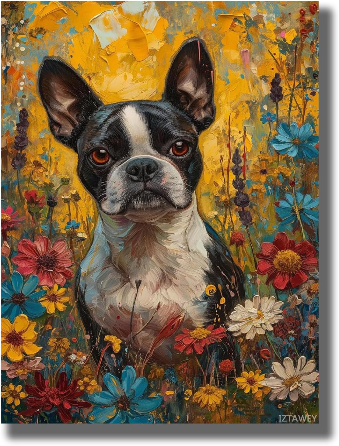 IZTAWEY Wall Art Boston Terrier Art for Bathroom Painting Animal Canvas Prints Room Decor Bedroom Living Room Office Apartment Kitchen Decoration Artwork 12x16inch Without Frame