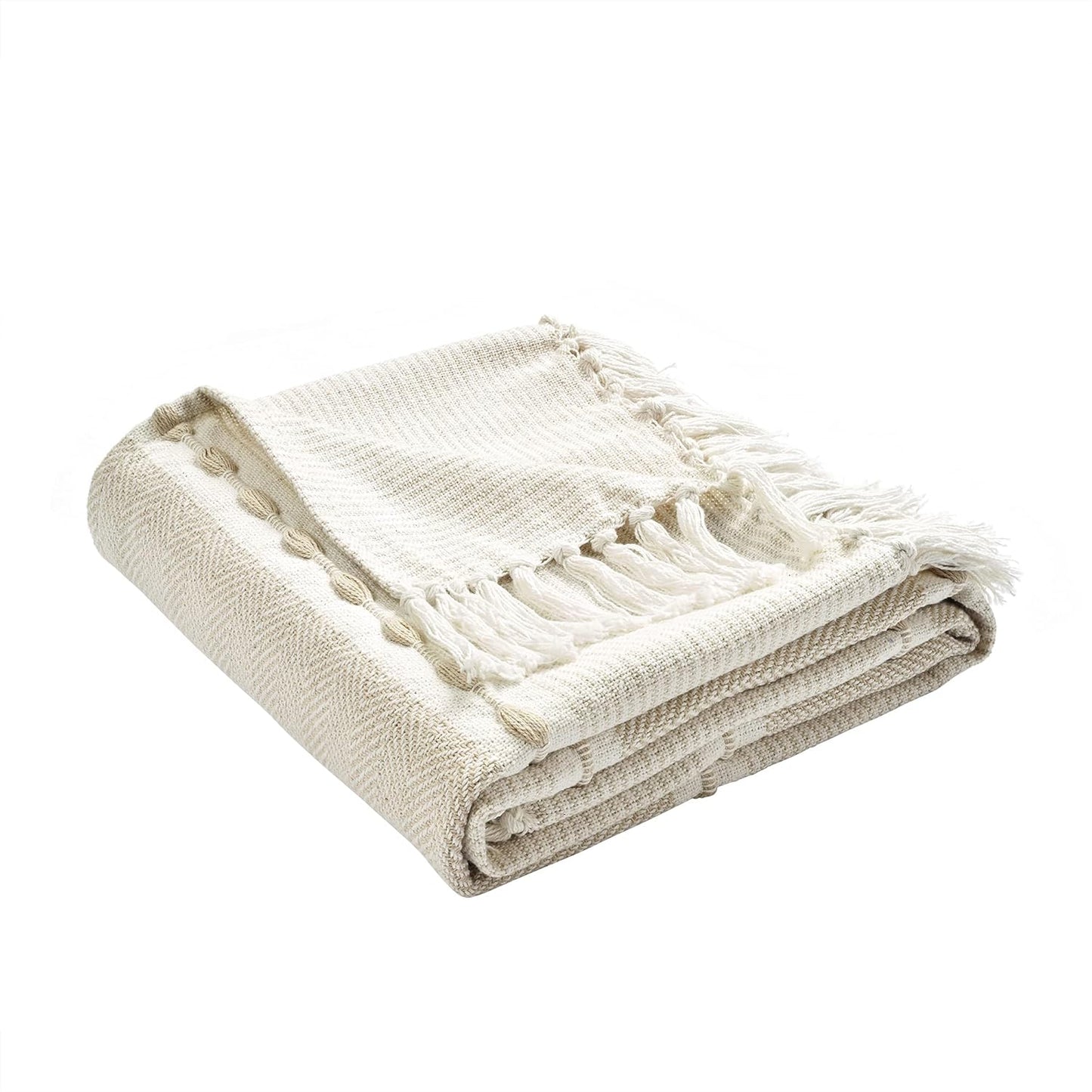 Lush Decor Herringbone Stripe Woven Tassel Yarn Dyed Cotton Throw Blanket 50" W x 60" L Neutral & White - Striped Throw Blankets - Beige Couch Blanket