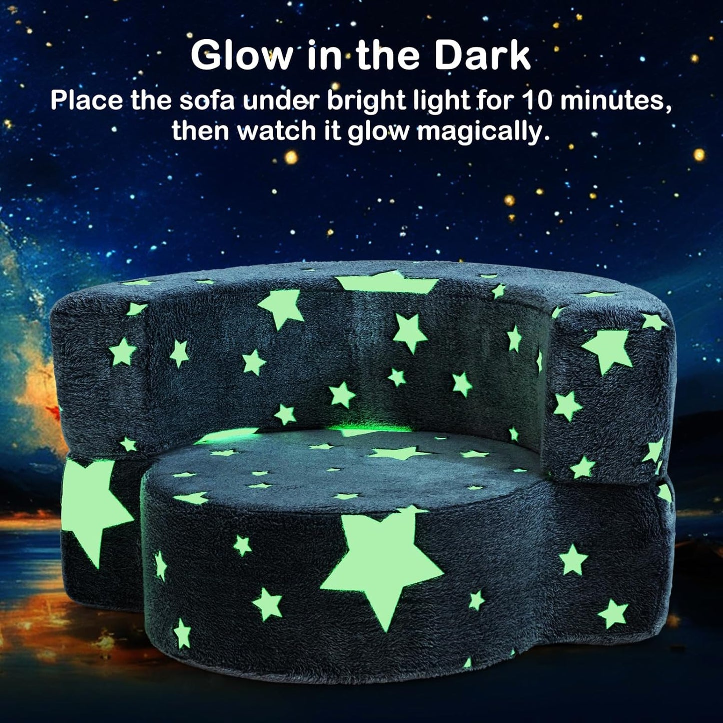 Costzon Kids Couch, 2 in 1 Convertible Toddler Reading Chair Sofa Glow in The Dark with 8-inch Sitting Cushion, Flannel Cover, Lightweight Children Plush Sofa Chair for Boys Girls Gifts